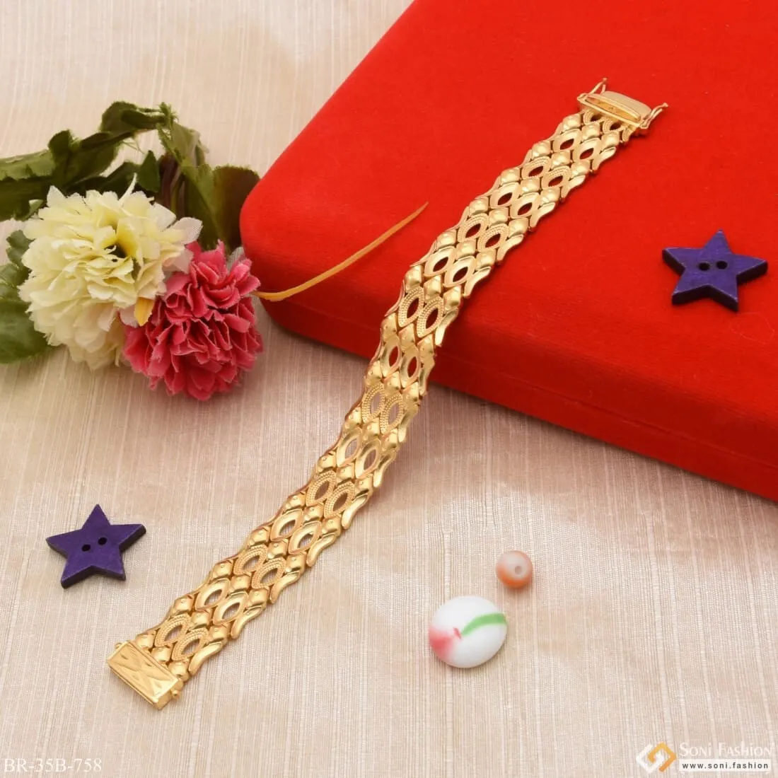 1 Gram Gold Forming 3 Line Gorgeous Design Gold Plated Bracelet for Men - Style B758