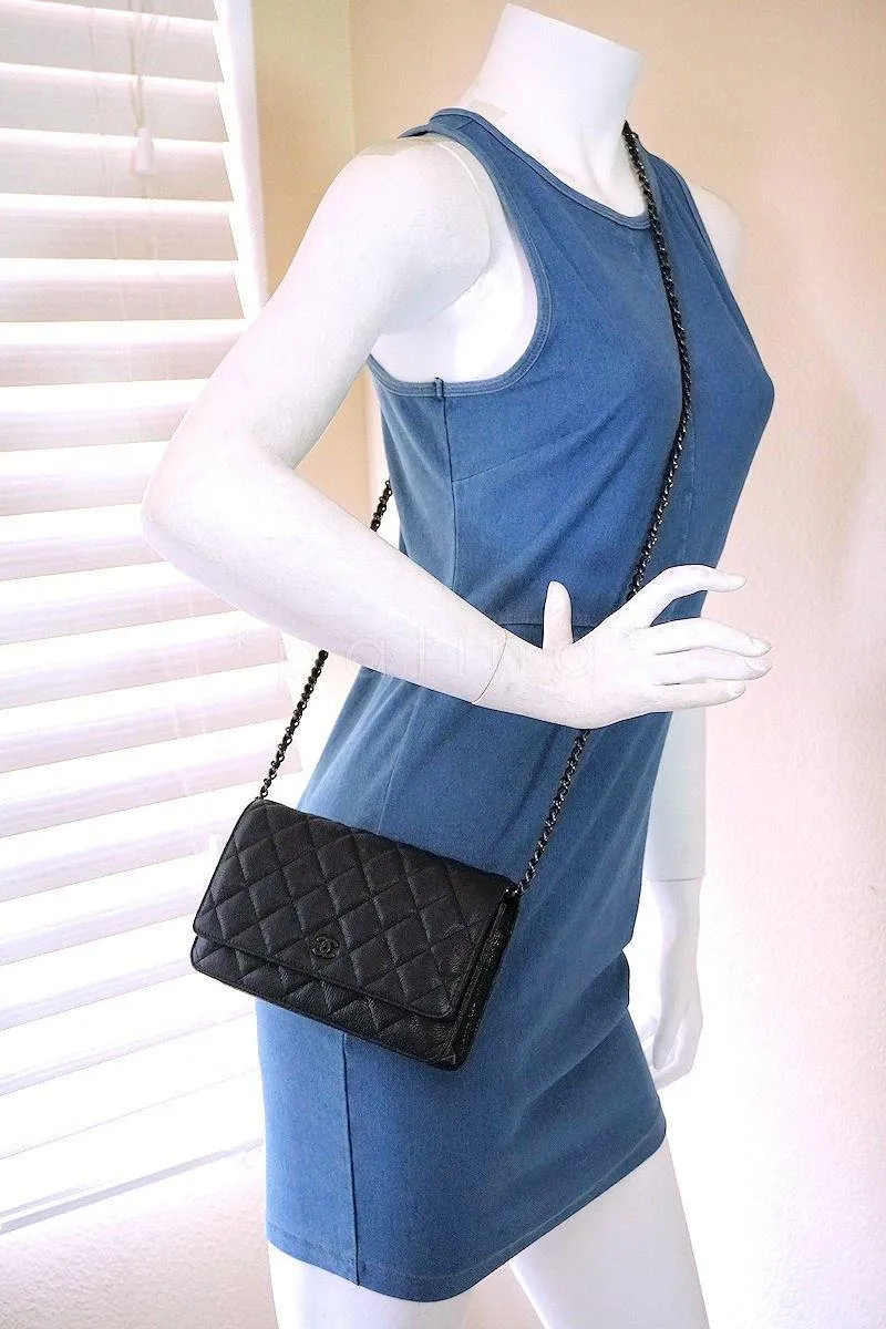 17S Chanel So Black Classic Quilted WOC Wallet on Chain Flap Bag