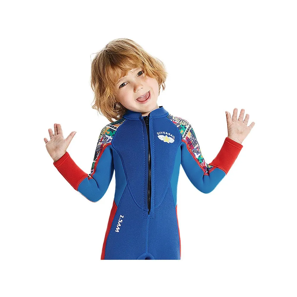 2.5mm Neoprene Full Length Kids Swimsuit, Blue & Bright Red Travel Theme, Full Sleeves swimwear