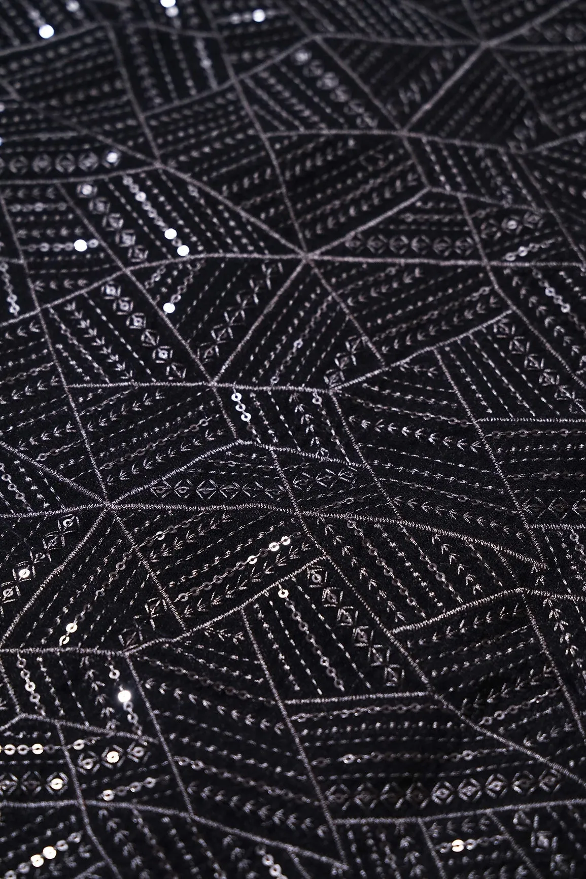 3.50 Meter Cut Piece Of Black Thread With Sequins Geometric Embroidery Work On Black Velvet Fabric