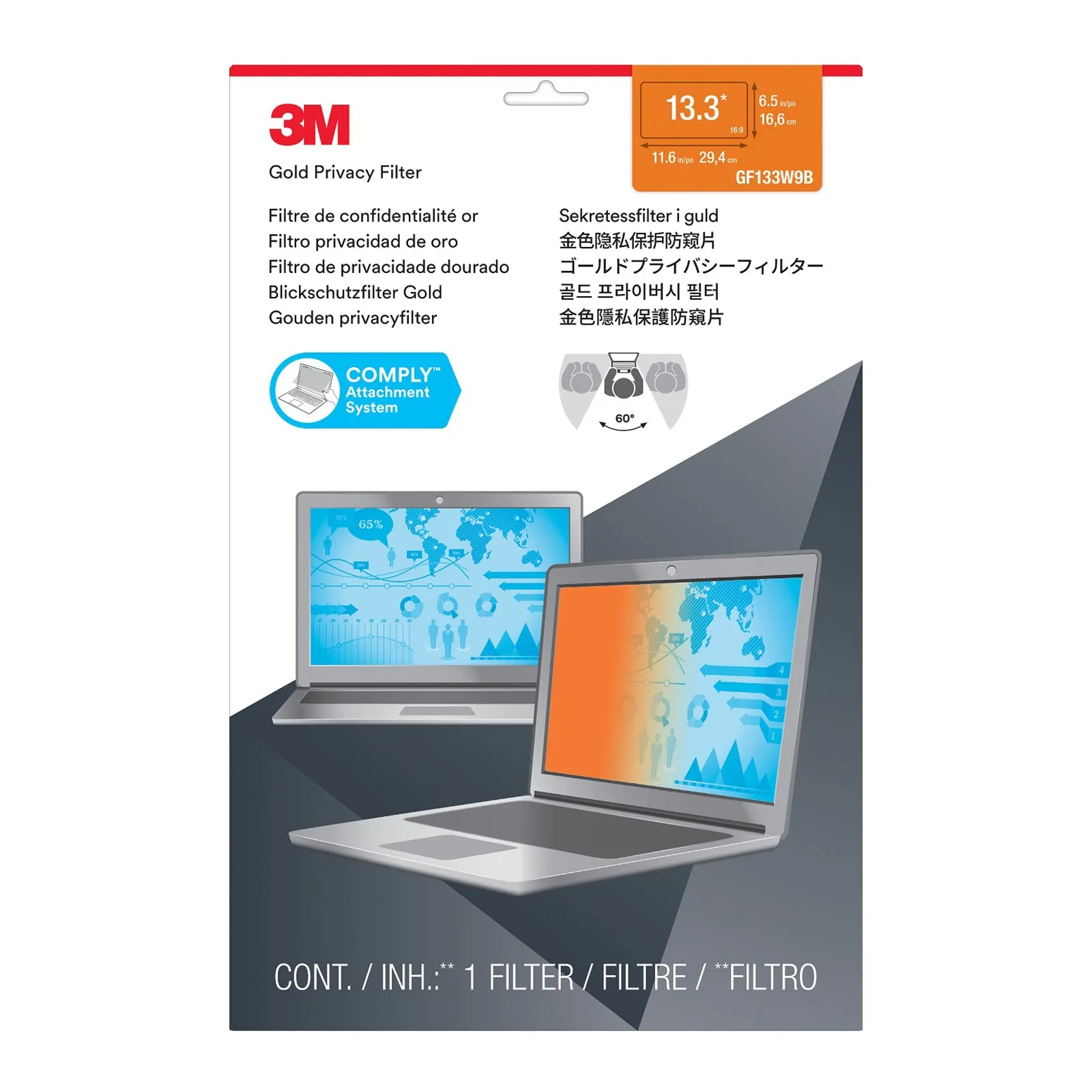 3M (97198) Gold Filter 13.3” Laptop Comply Attachment System, GF133W9B