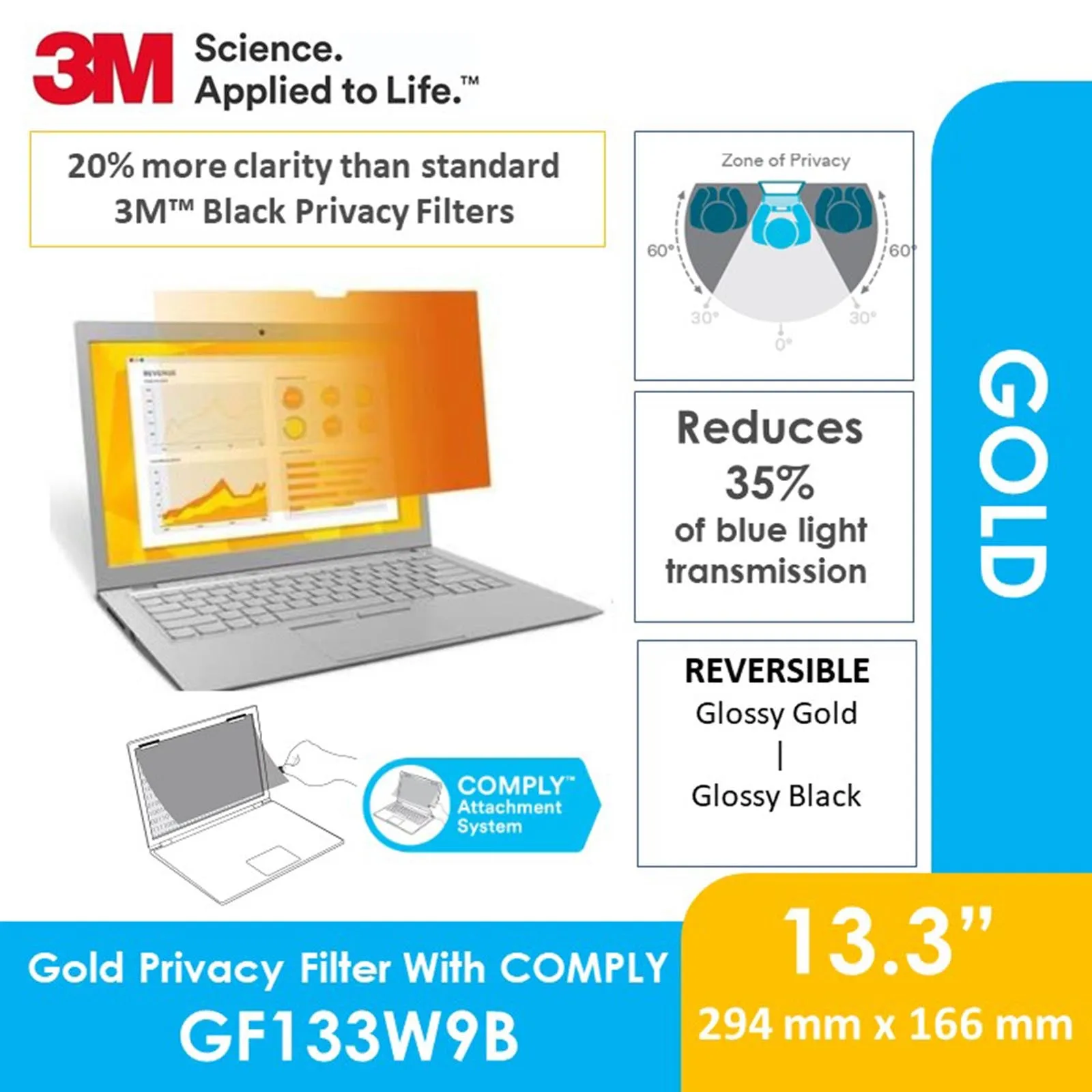 3M (97198) Gold Filter 13.3” Laptop Comply Attachment System, GF133W9B