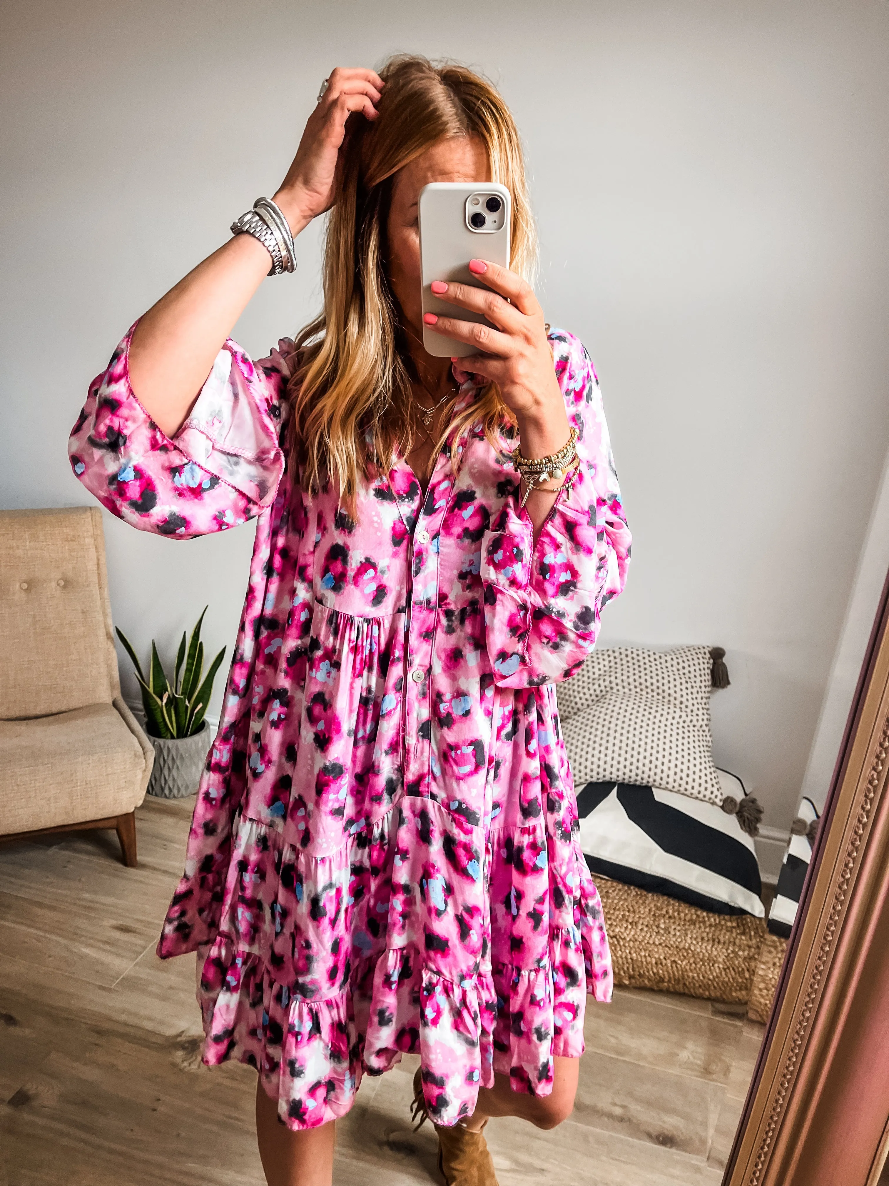 Abstract Leopard Print Tiered Mini Smock Dress