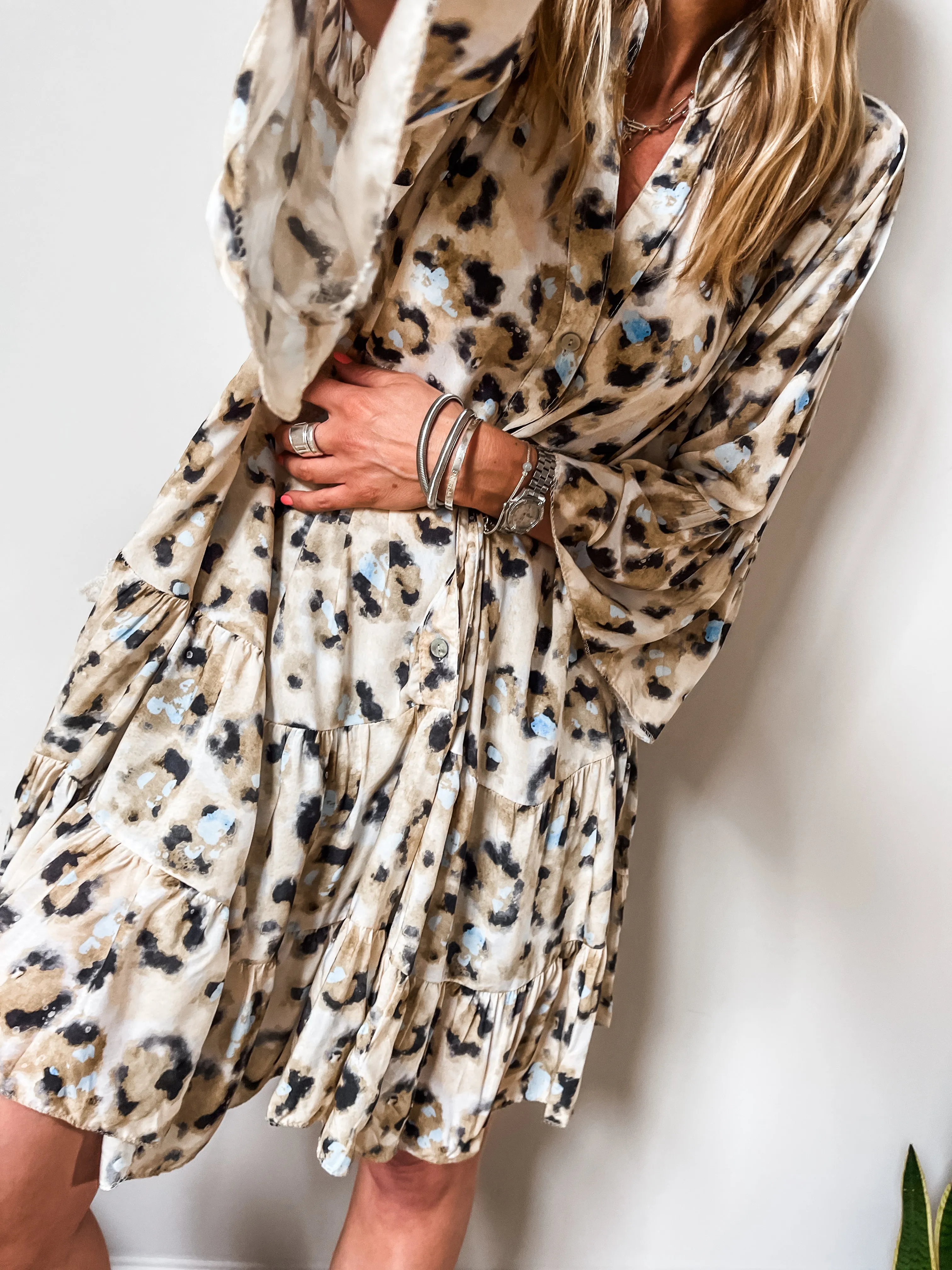 Abstract Leopard Print Tiered Mini Smock Dress