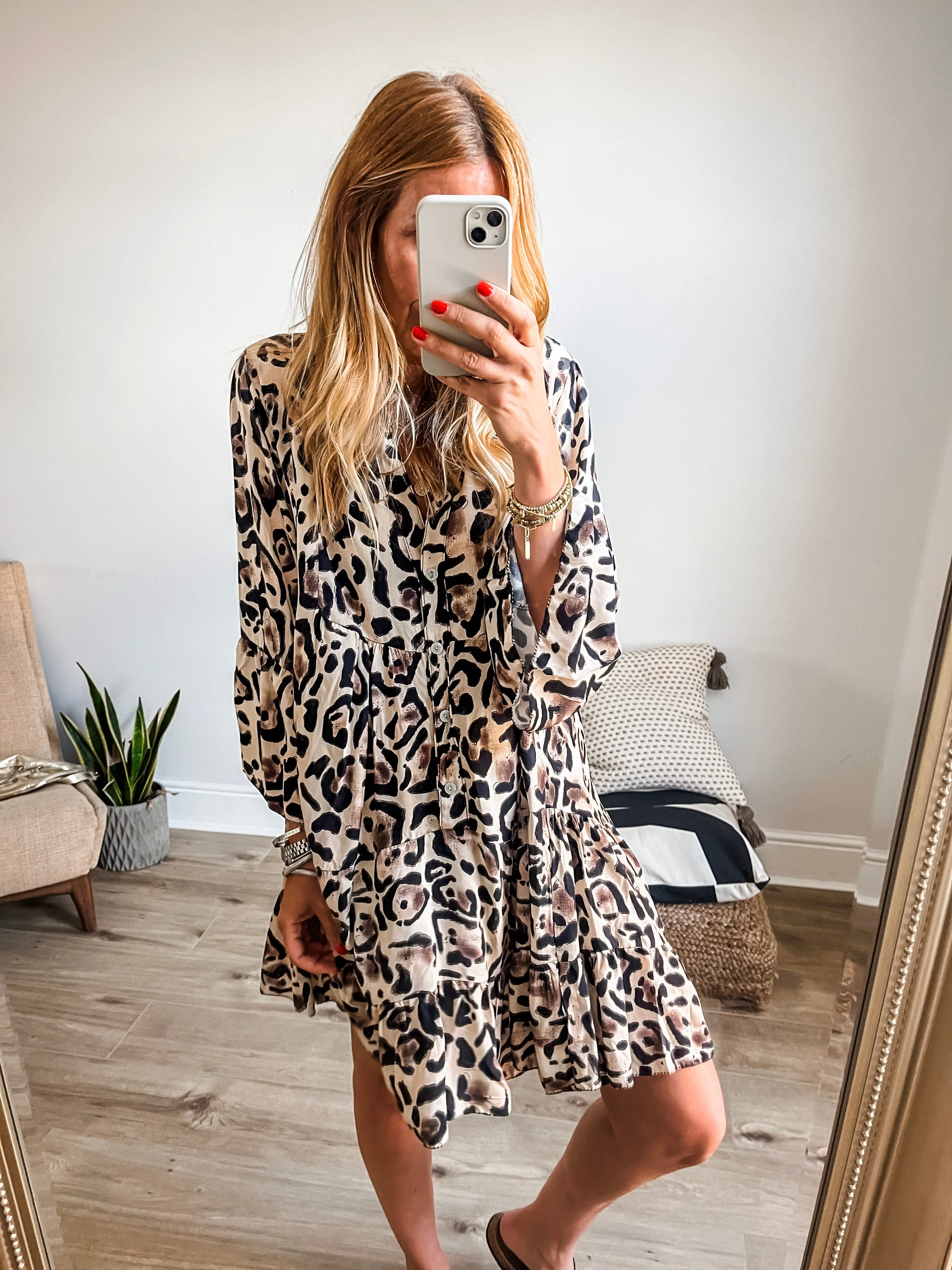 Abstract Leopard Print Tiered Mini Smock Dress