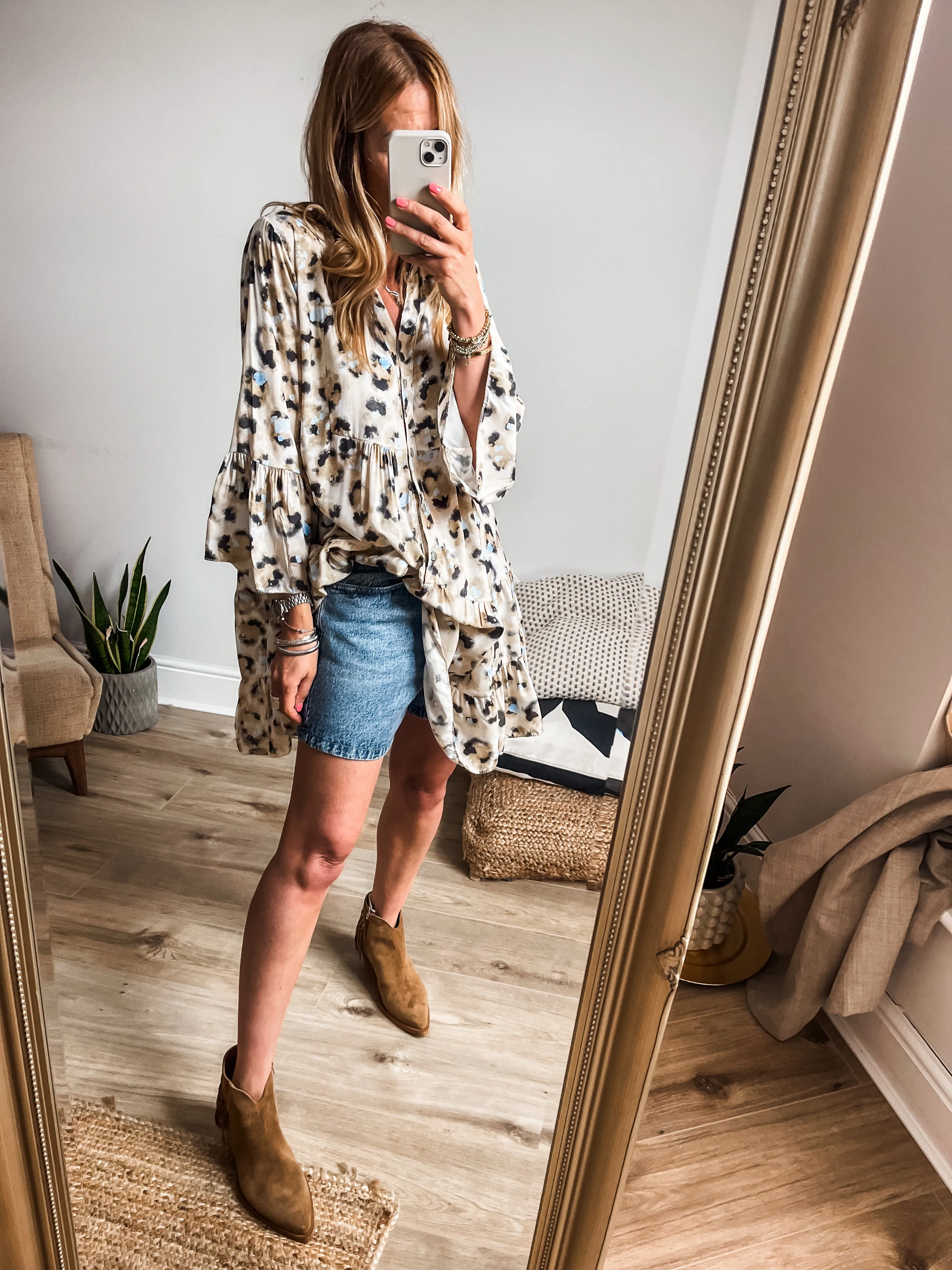 Abstract Leopard Print Tiered Mini Smock Dress