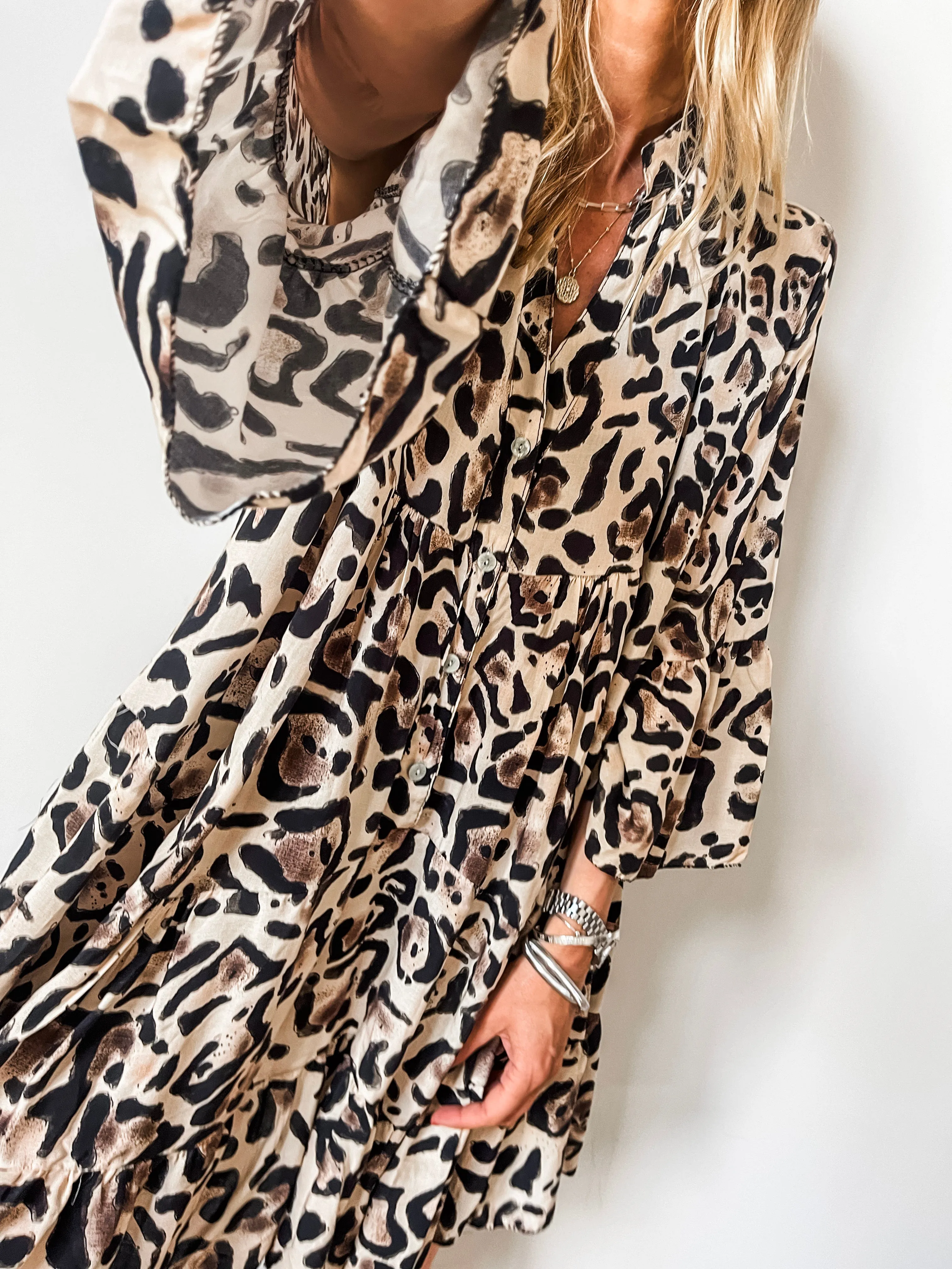 Abstract Leopard Print Tiered Mini Smock Dress