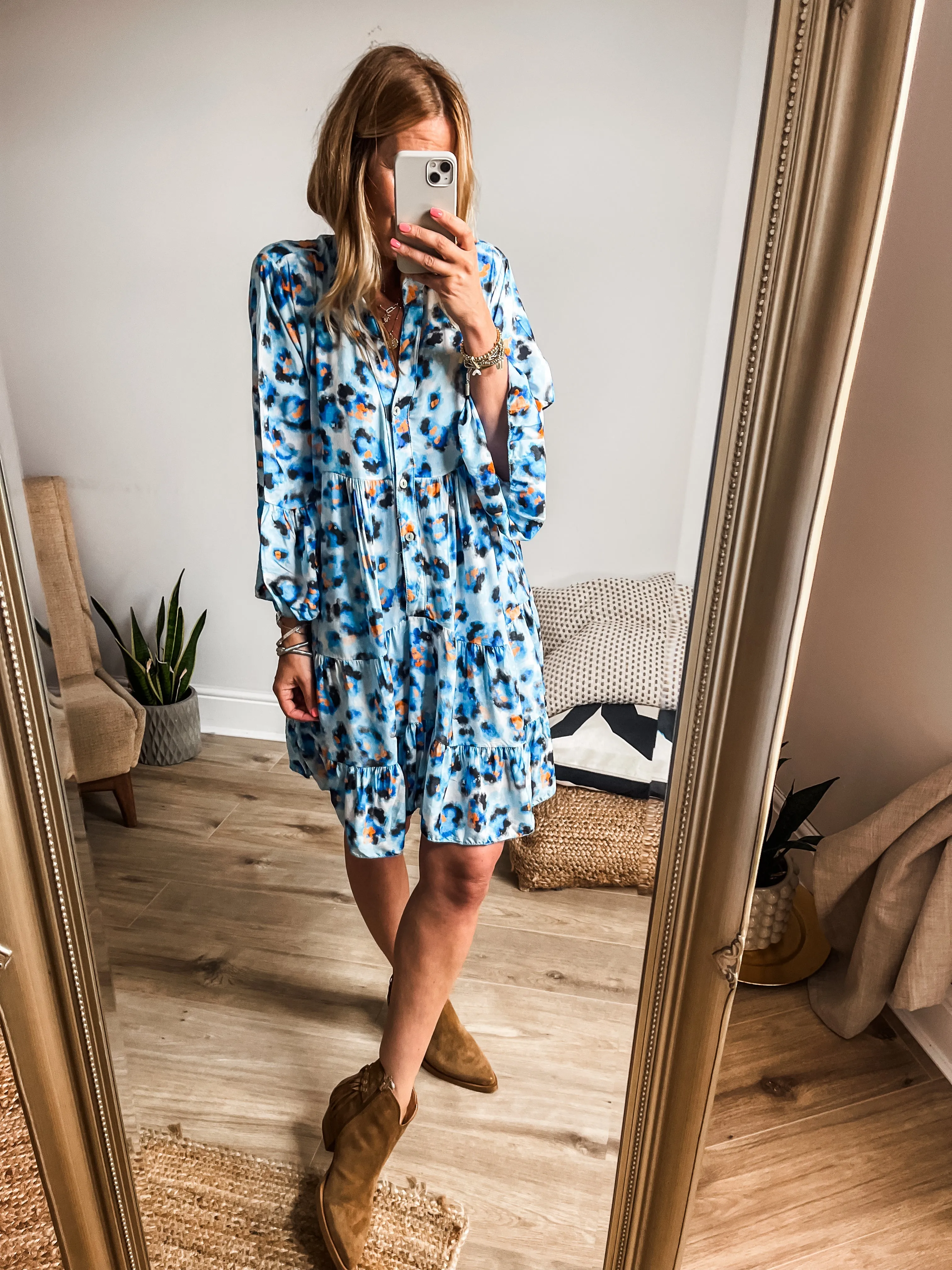Abstract Leopard Print Tiered Mini Smock Dress