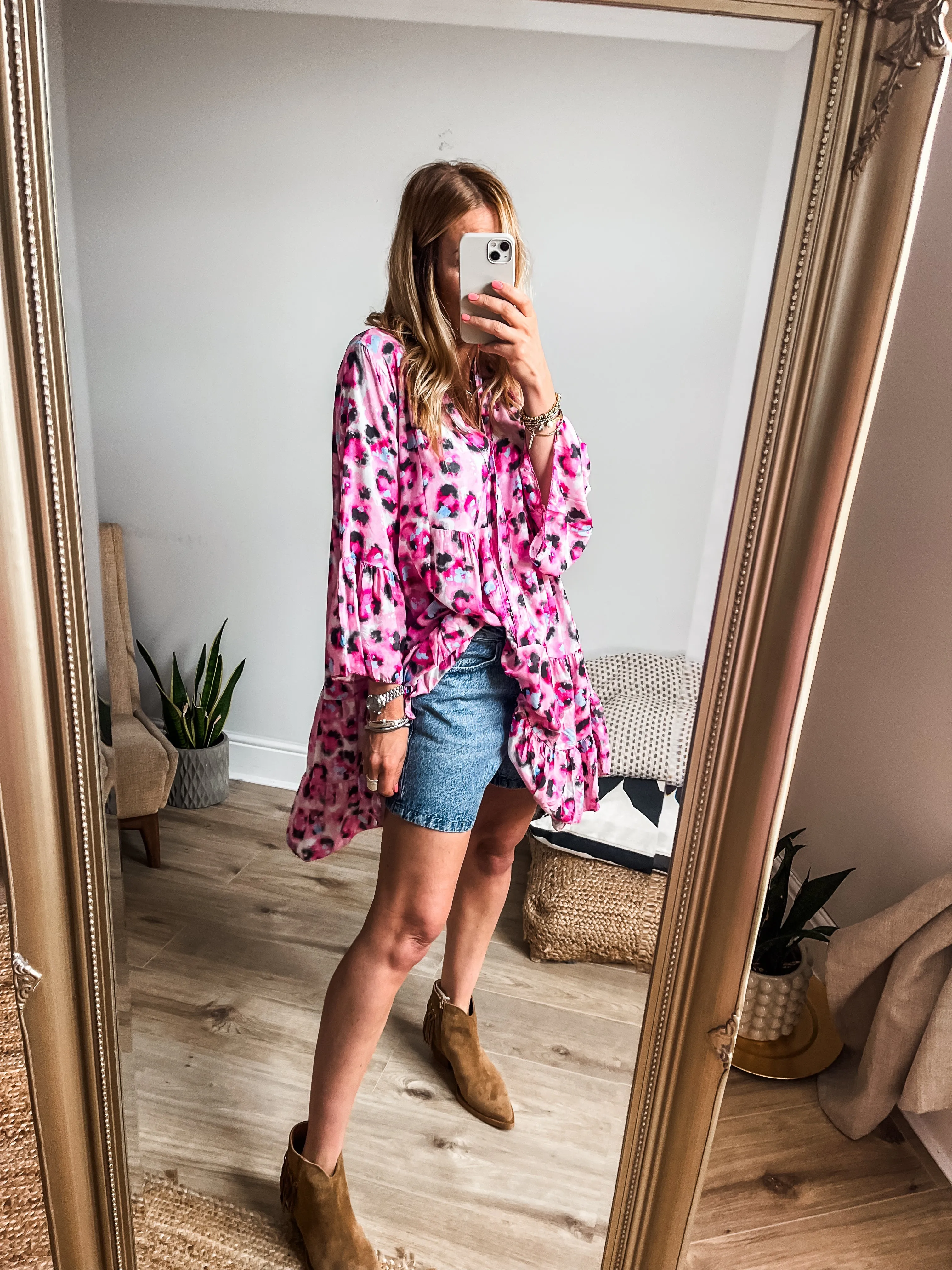 Abstract Leopard Print Tiered Mini Smock Dress