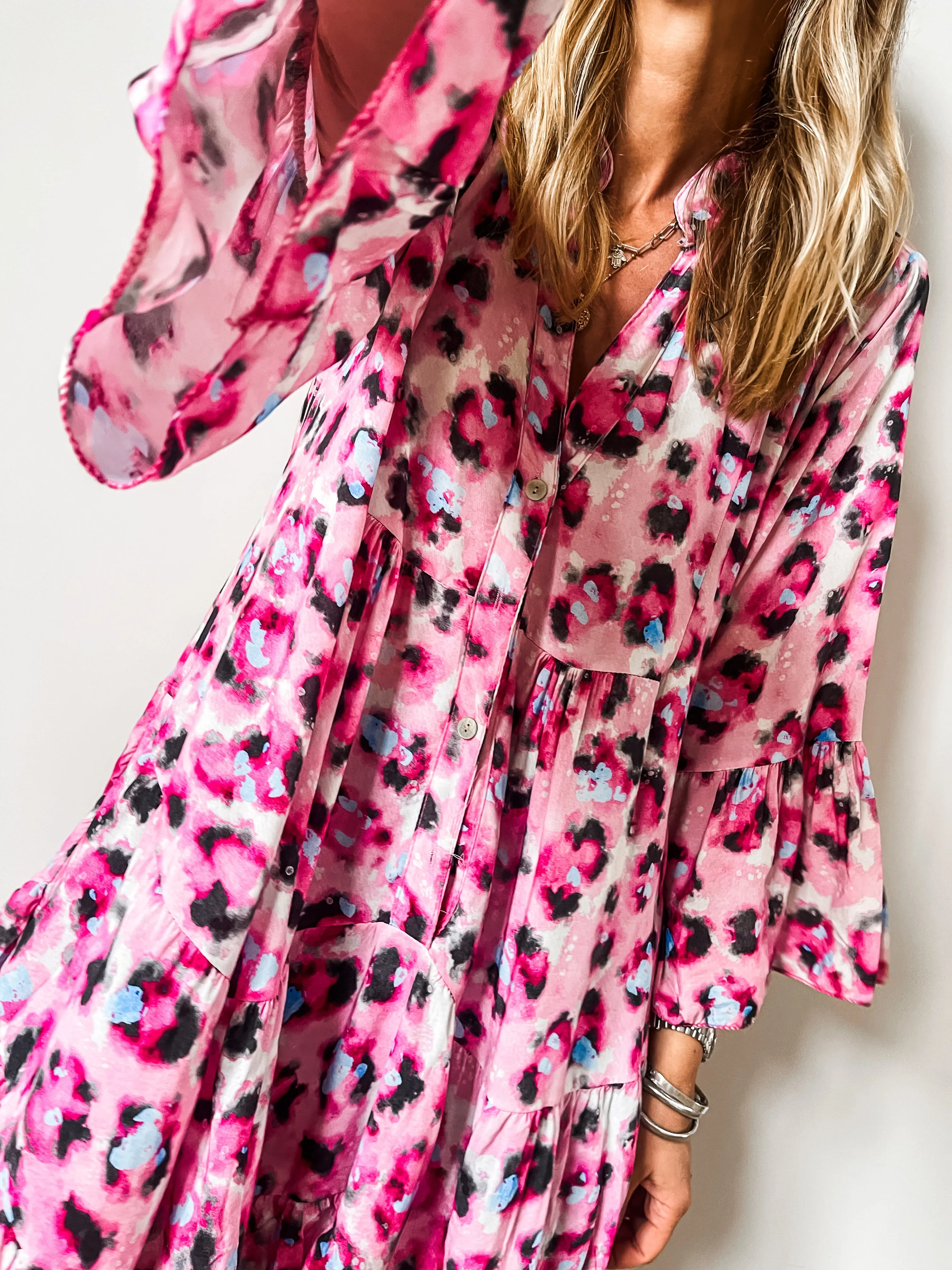 Abstract Leopard Print Tiered Mini Smock Dress