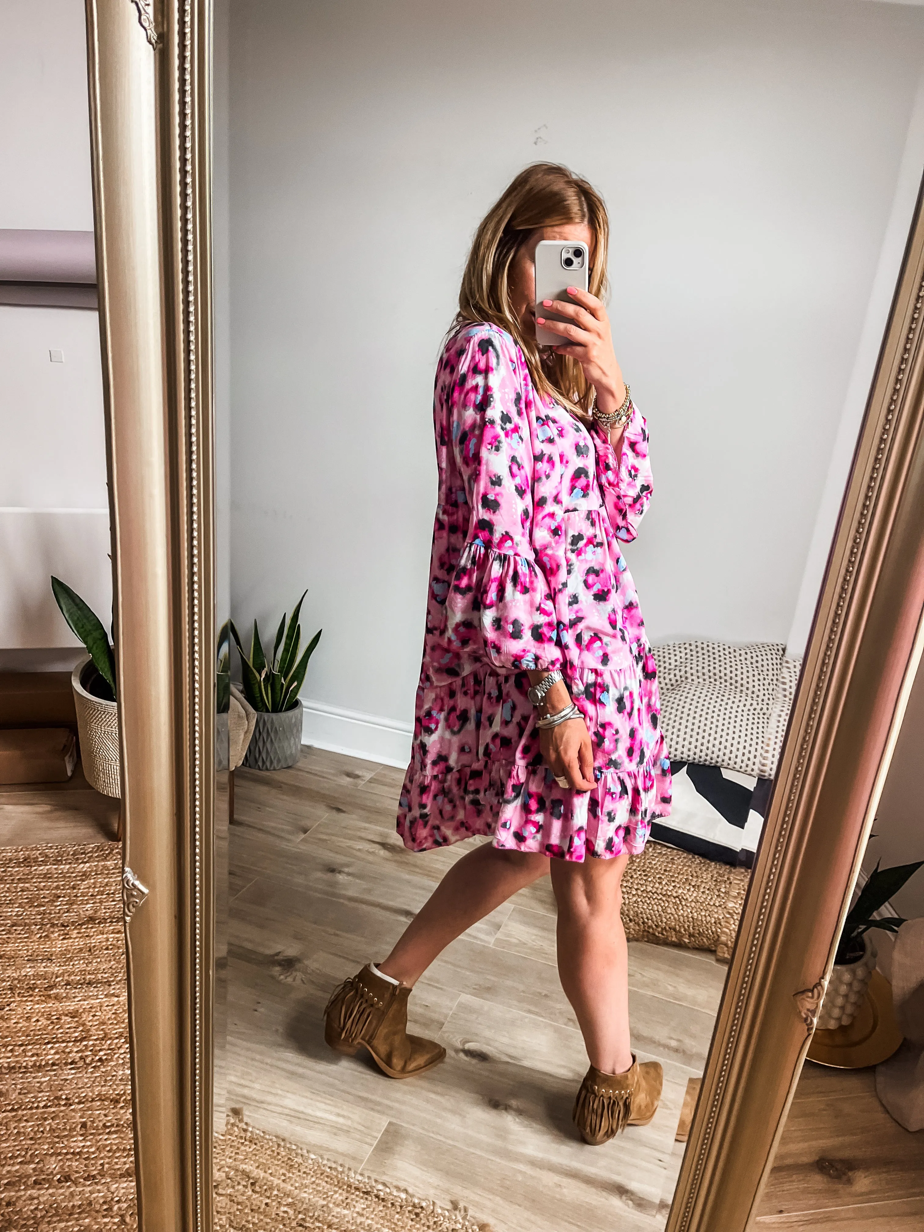 Abstract Leopard Print Tiered Mini Smock Dress