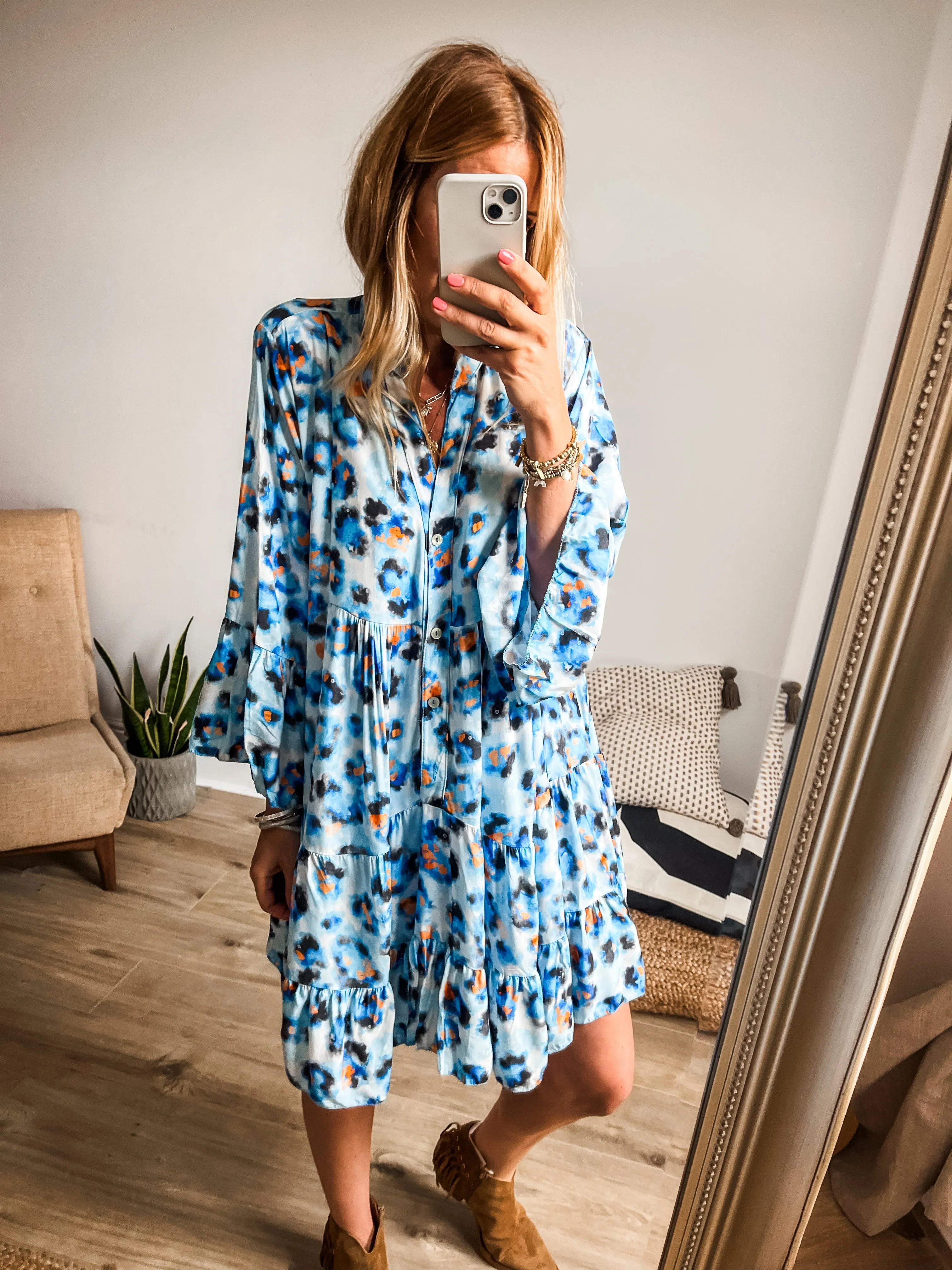 Abstract Leopard Print Tiered Mini Smock Dress