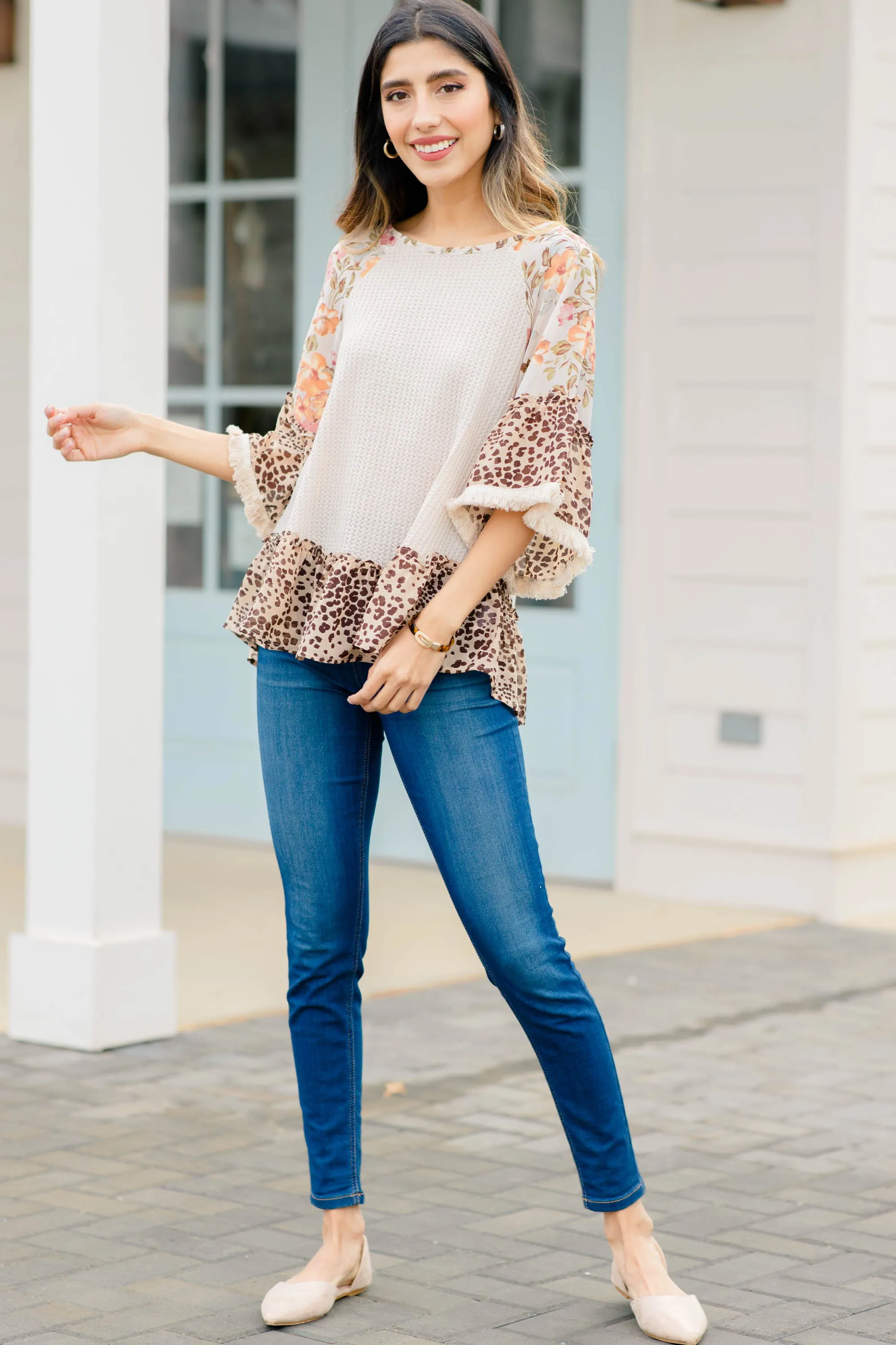 Across The Board Natural Brown Mix Print Top