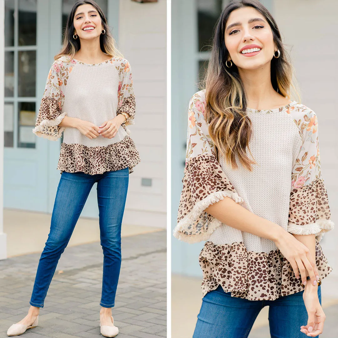 Across The Board Natural Brown Mix Print Top