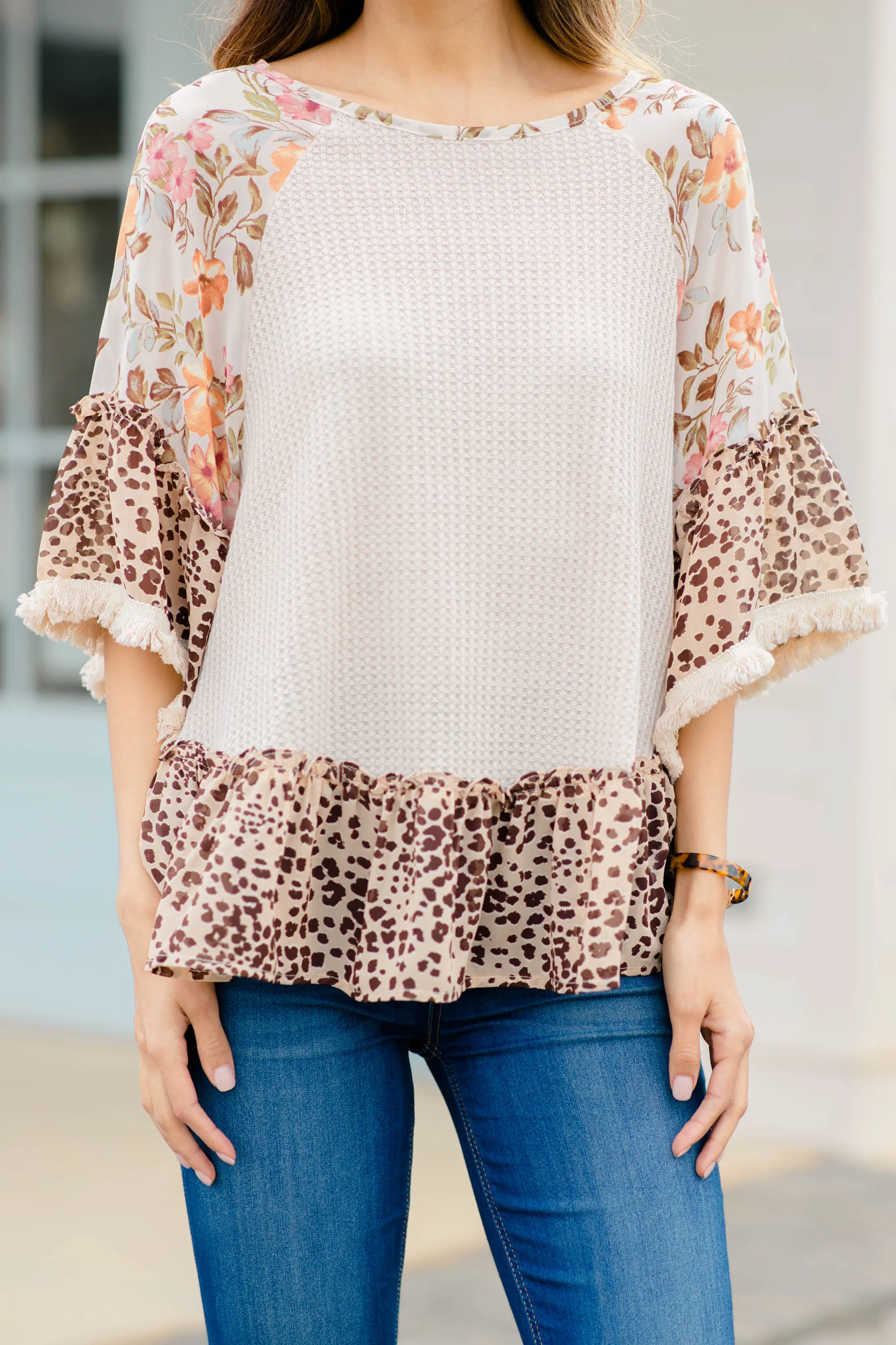 Across The Board Natural Brown Mix Print Top