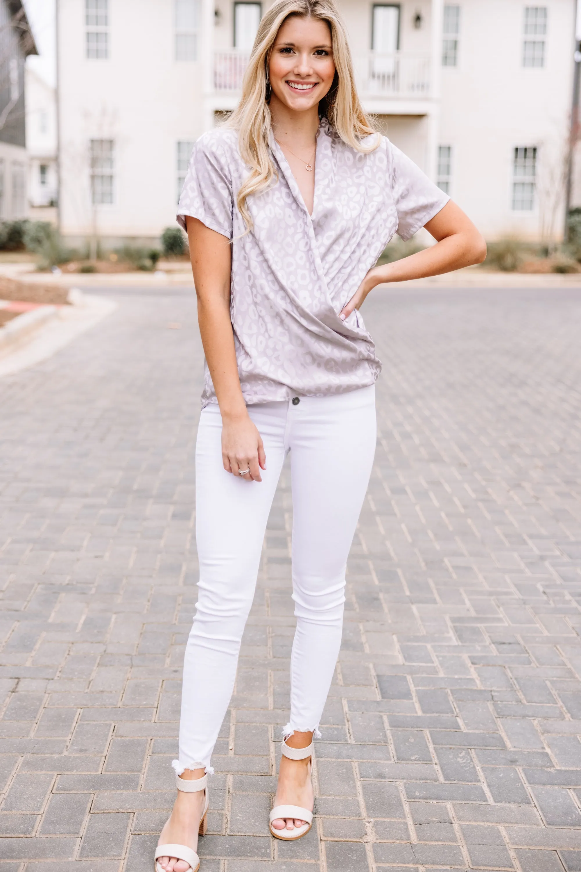 All My Love Gray Satin Leopard Blouse