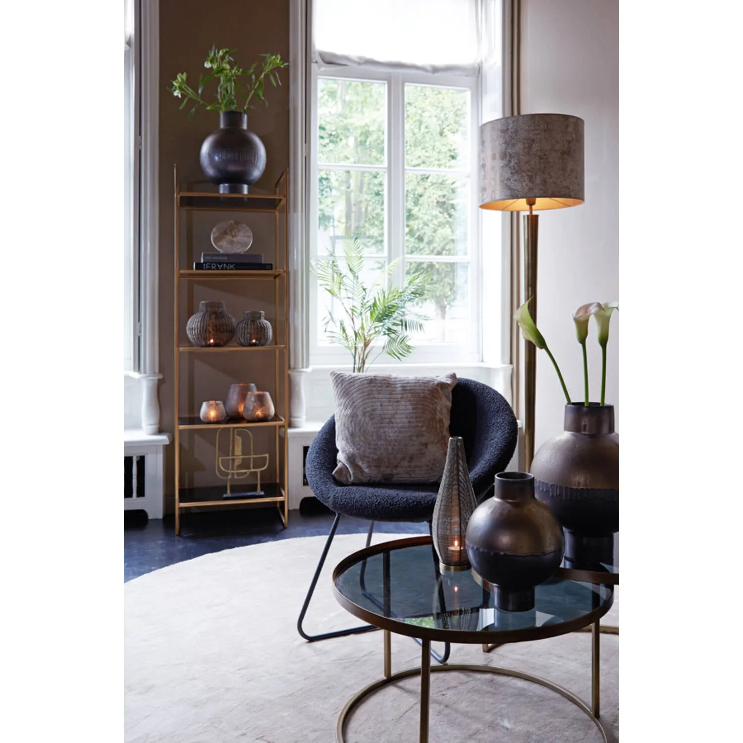 Antony Chair - Bouclé Black/Bouclé Cream/Velvet Shiny Gold Finish
