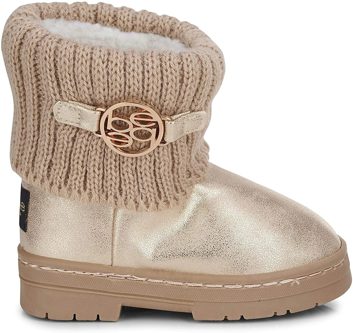 bebe Toddler Girls’ Little Kid Slip On Mid Calf Distressed Metallic Winter Boots with Knit Cuff and Logo Ornament