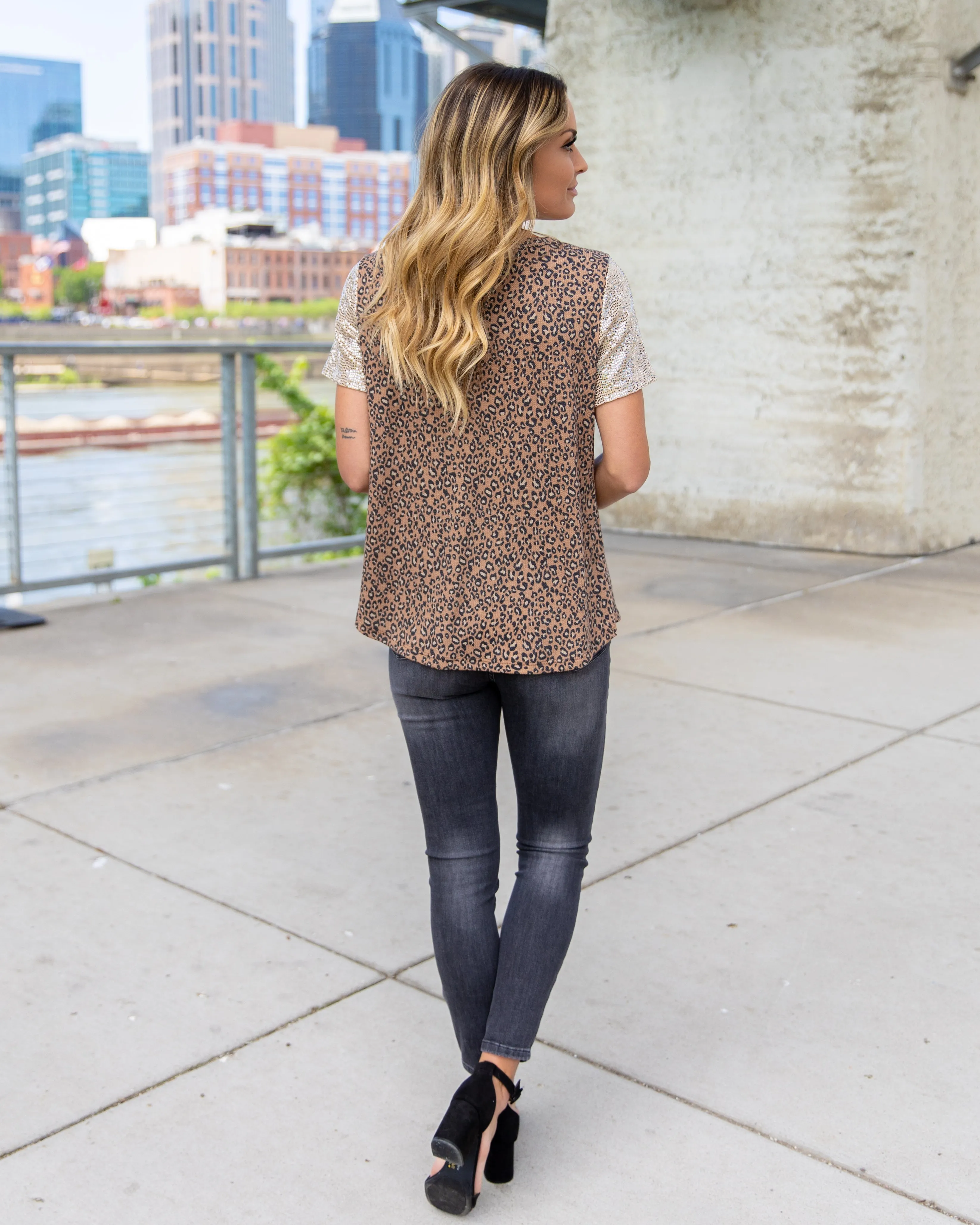 Brenna Sequin Leopard Pocket Top - Camel