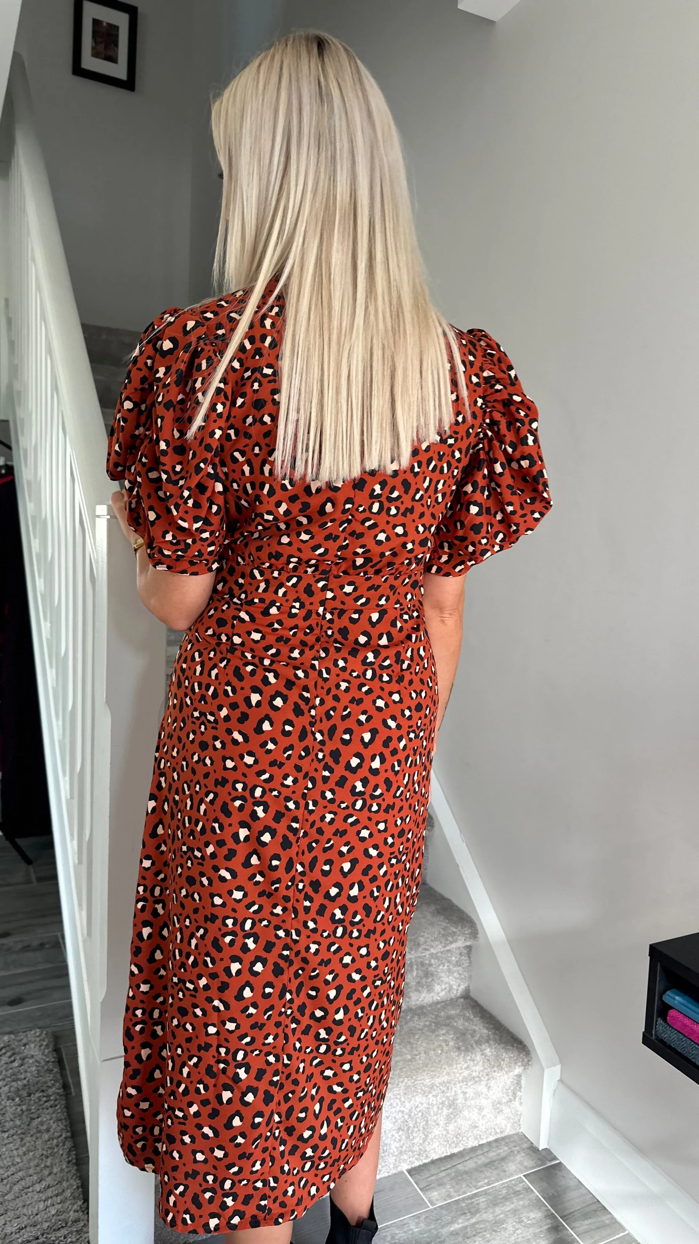 Claudia Rust Leopard Print Puff Sleeve Ruched Midi Dress