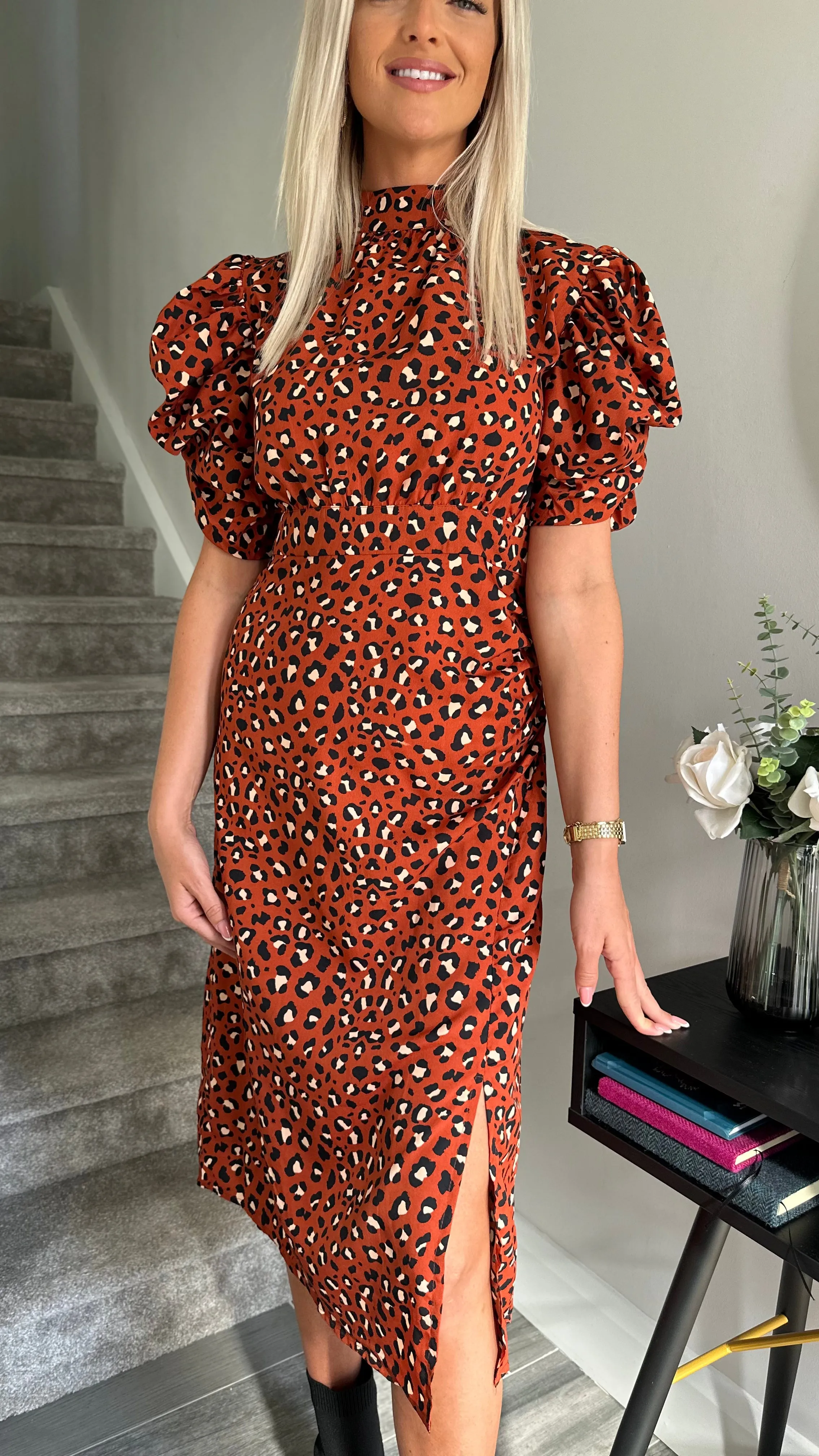 Claudia Rust Leopard Print Puff Sleeve Ruched Midi Dress