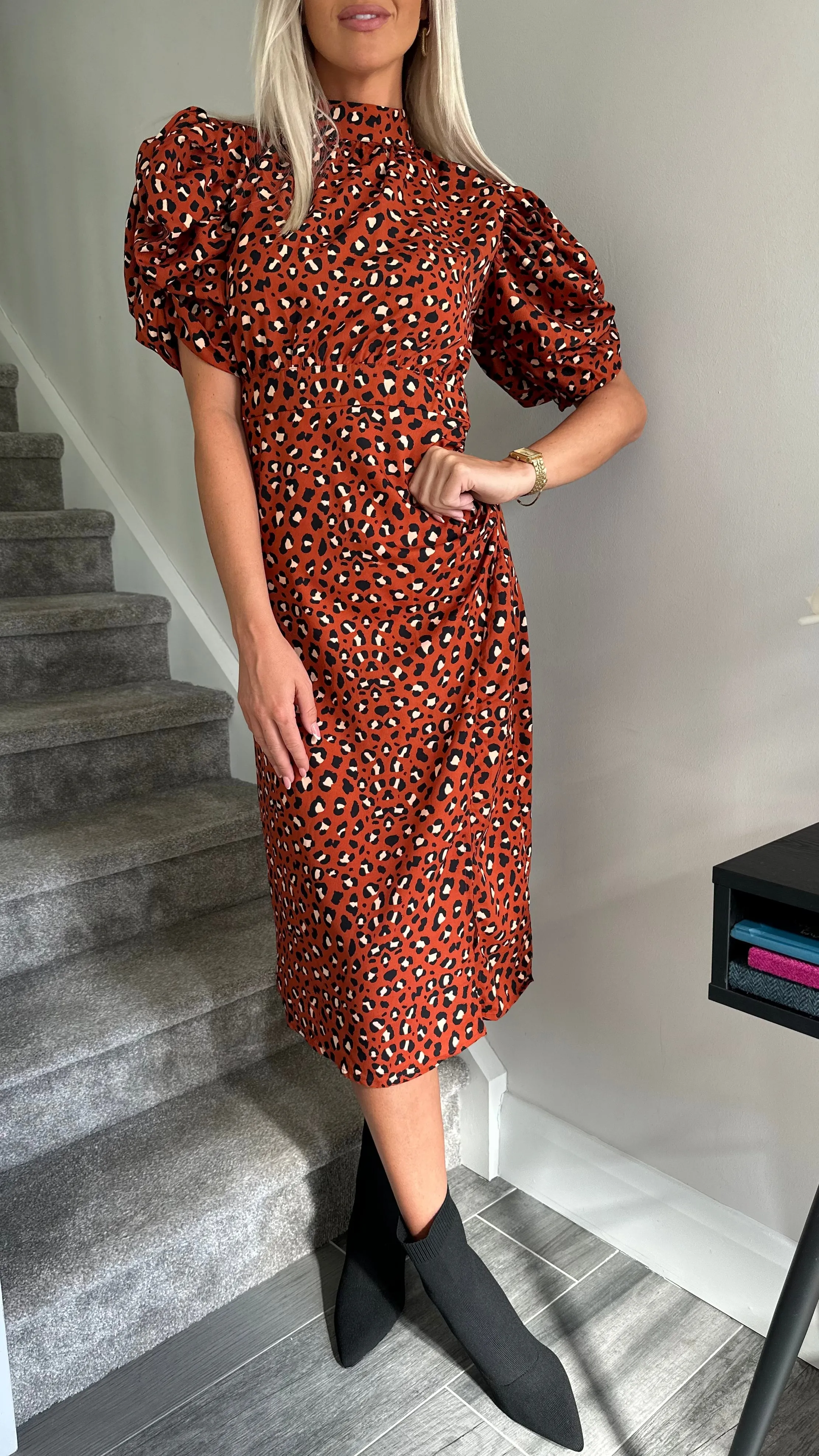 Claudia Rust Leopard Print Puff Sleeve Ruched Midi Dress