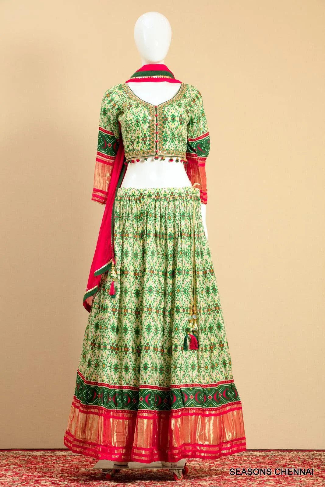 Cream with Green Printed, Mirror, Banaras, Beads and Pearl work Crop Top Lehenga