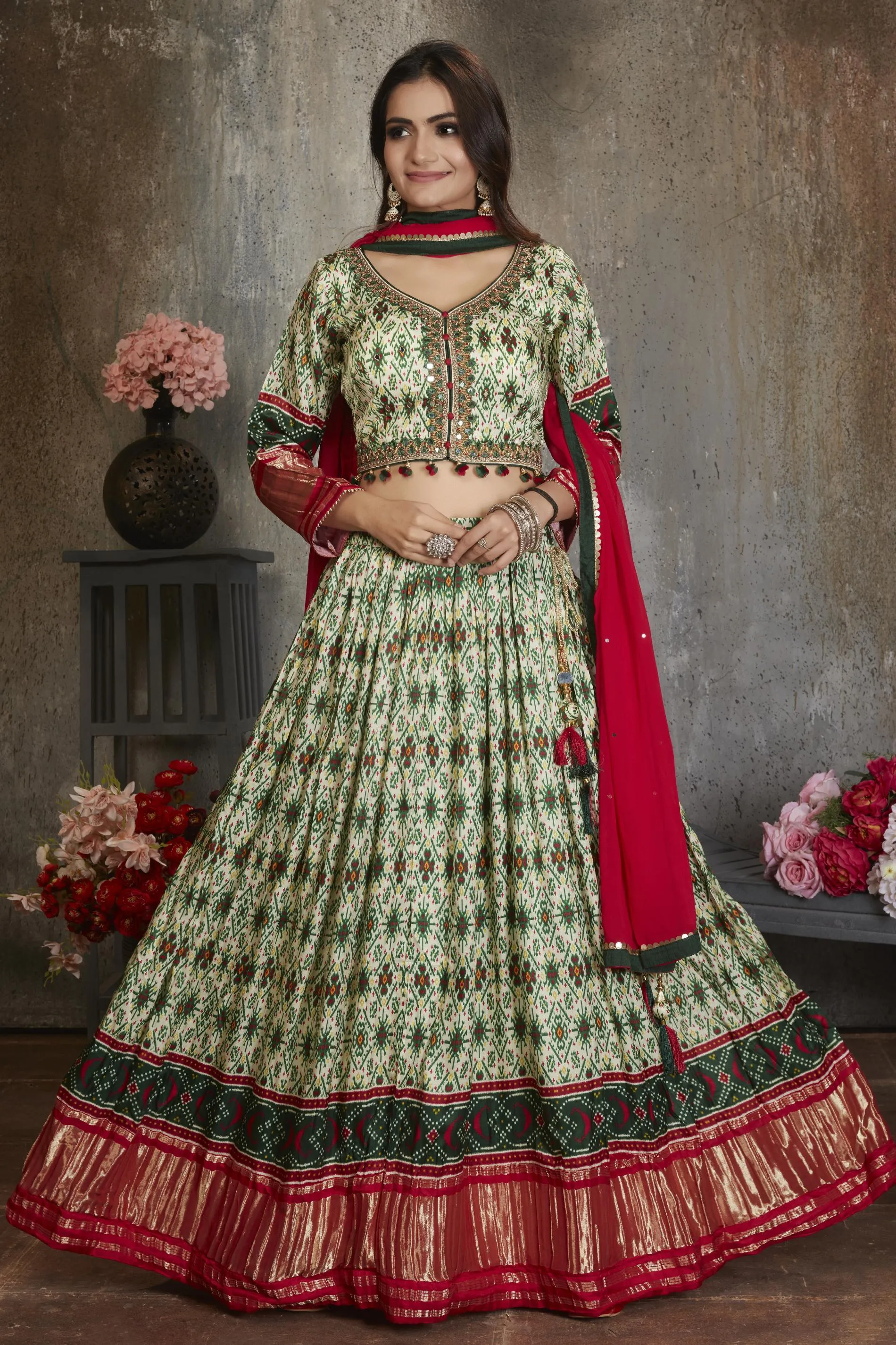 Cream with Green Printed, Mirror, Banaras, Beads and Pearl work Crop Top Lehenga