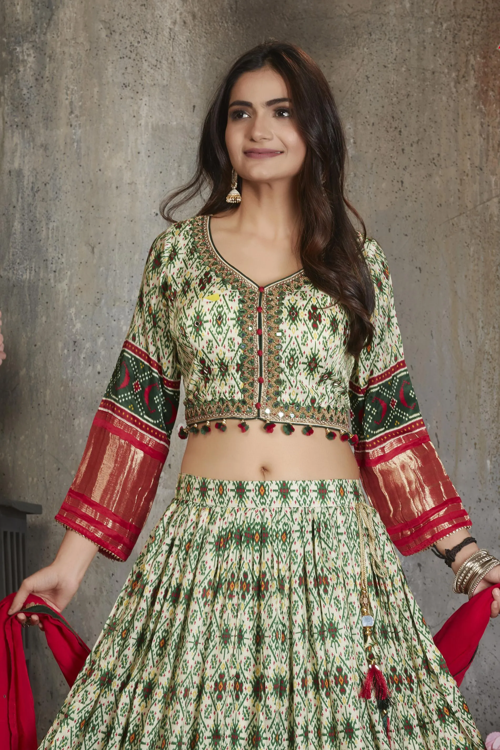 Cream with Green Printed, Mirror, Banaras, Beads and Pearl work Crop Top Lehenga