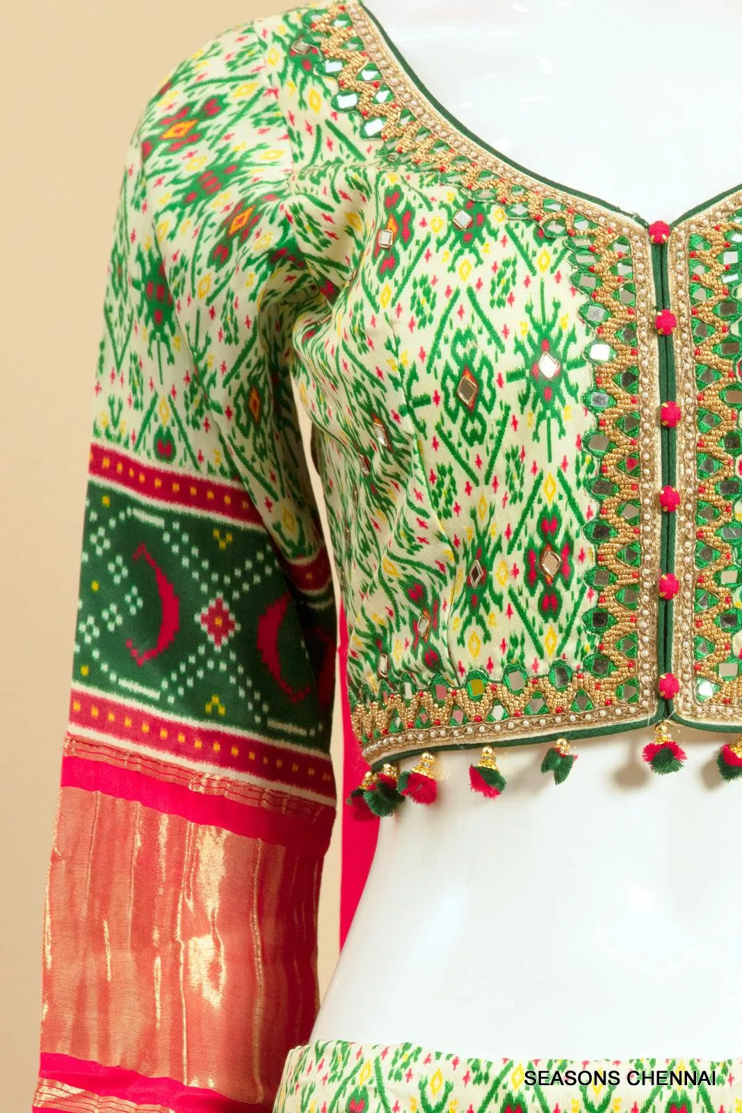 Cream with Green Printed, Mirror, Banaras, Beads and Pearl work Crop Top Lehenga