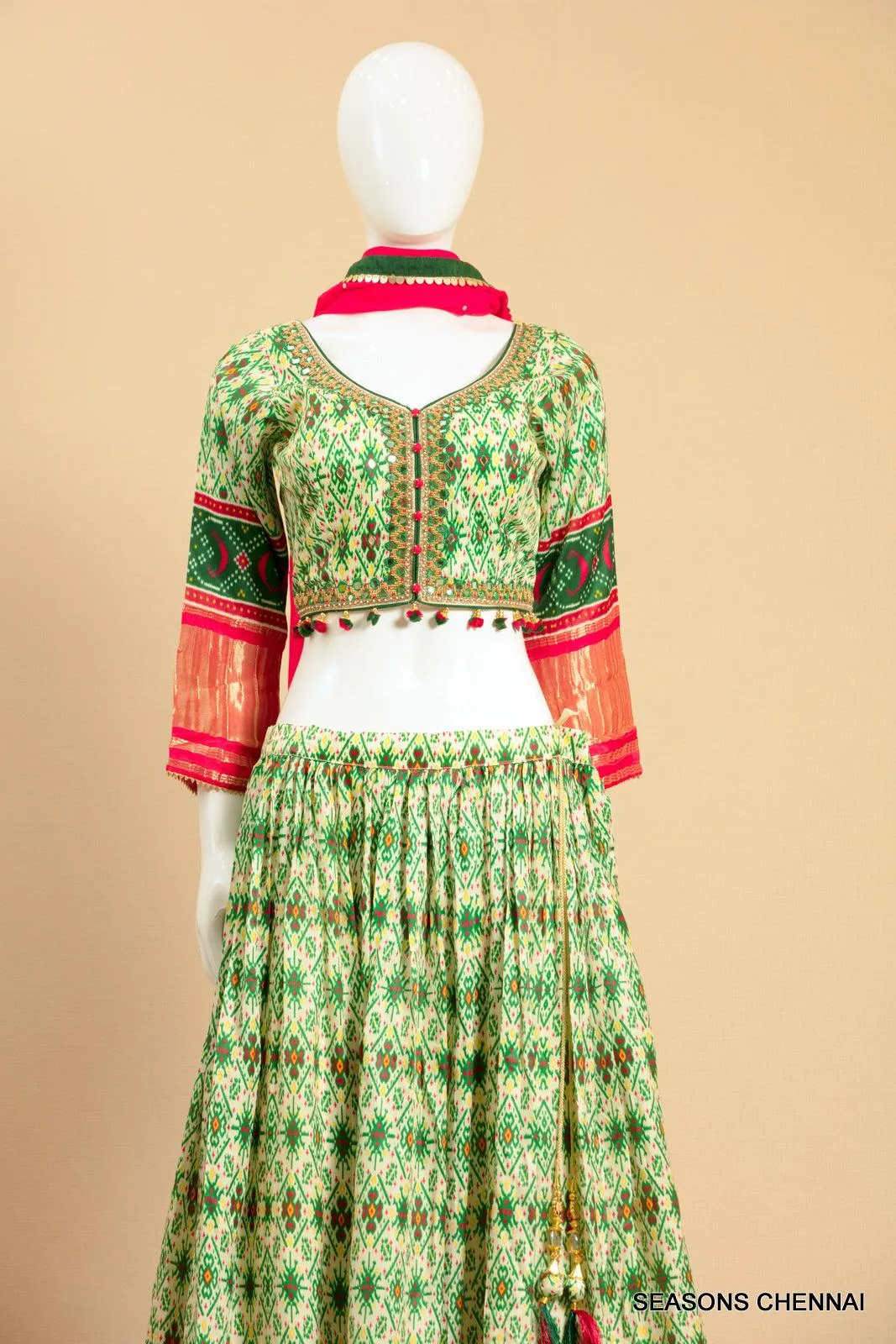 Cream with Green Printed, Mirror, Banaras, Beads and Pearl work Crop Top Lehenga