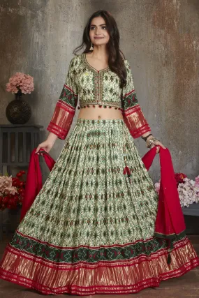 Cream with Green Printed, Mirror, Banaras, Beads and Pearl work Crop Top Lehenga