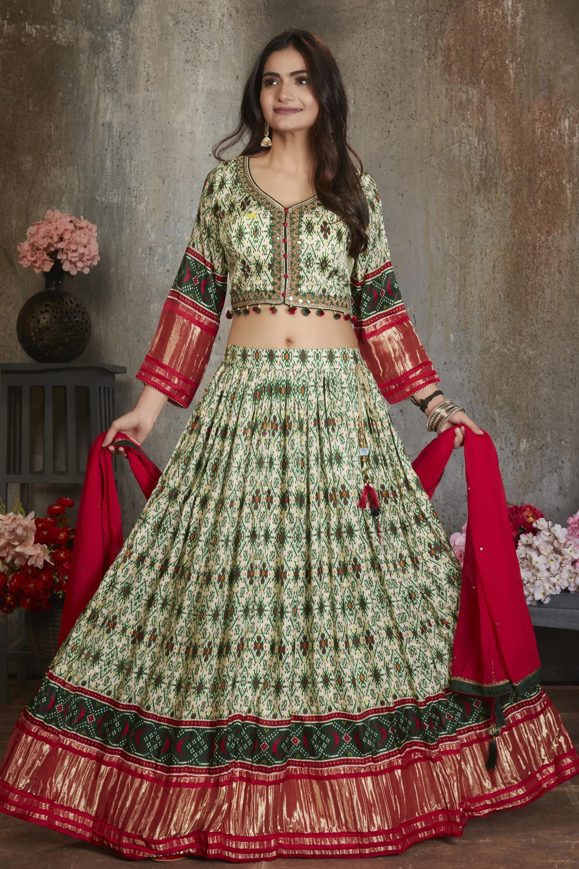Cream with Green Printed, Mirror, Banaras, Beads and Pearl work Crop Top Lehenga