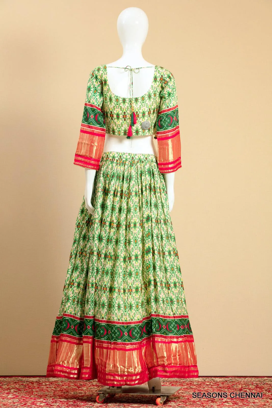 Cream with Green Printed, Mirror, Banaras, Beads and Pearl work Crop Top Lehenga