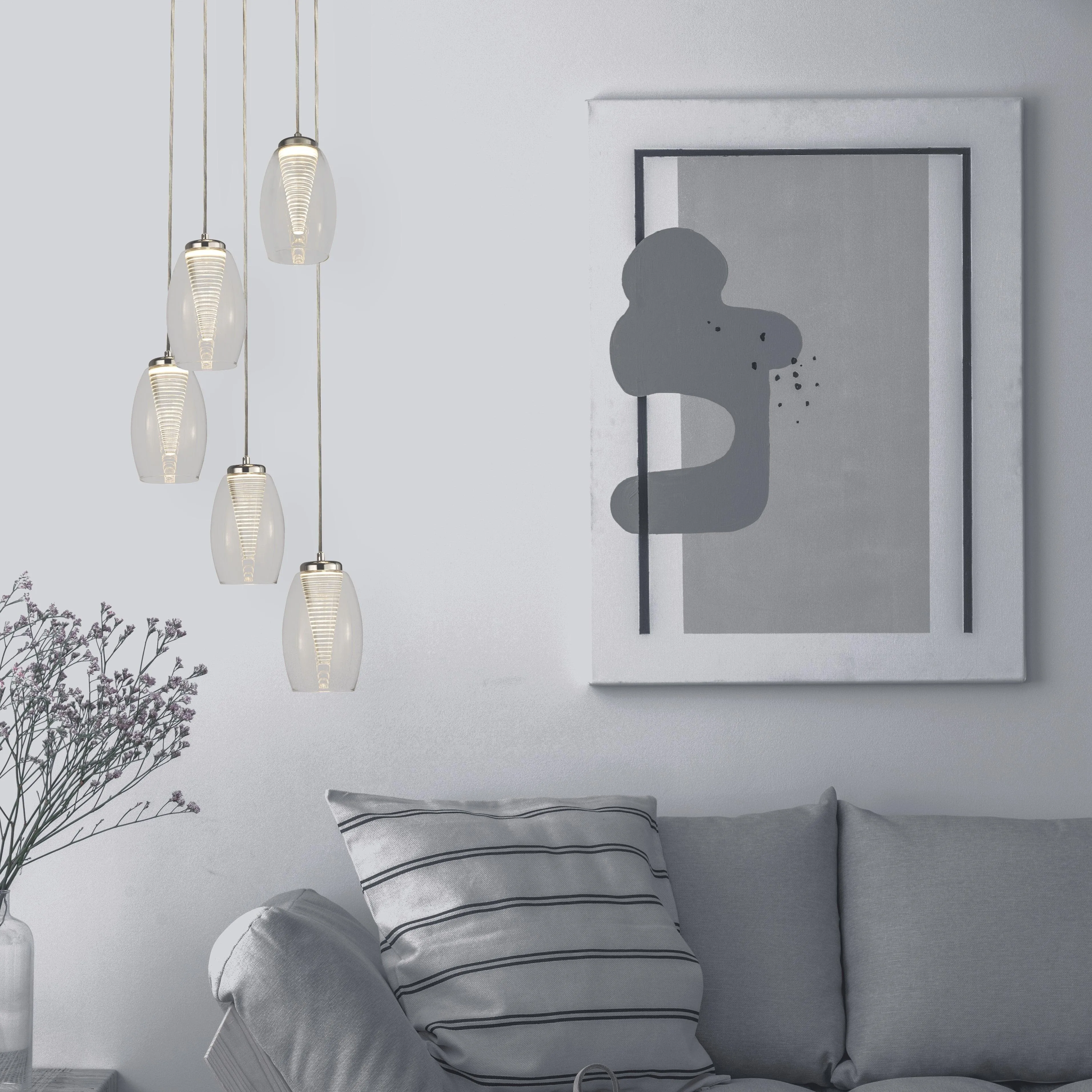Cyclone 5 Light LED Multi-drop Pendant - Glass Shades