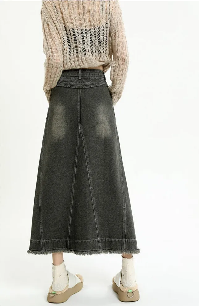 Distressed Hem Faded Denim Midi Skirt