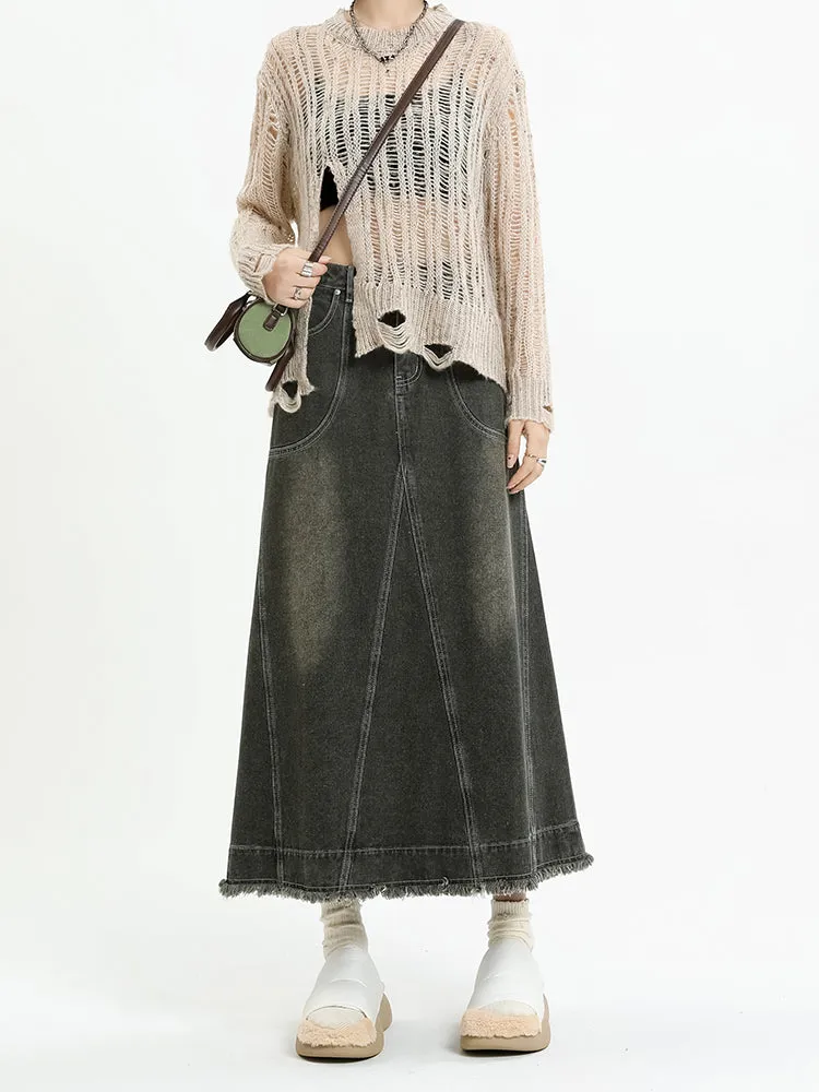Distressed Hem Faded Denim Midi Skirt
