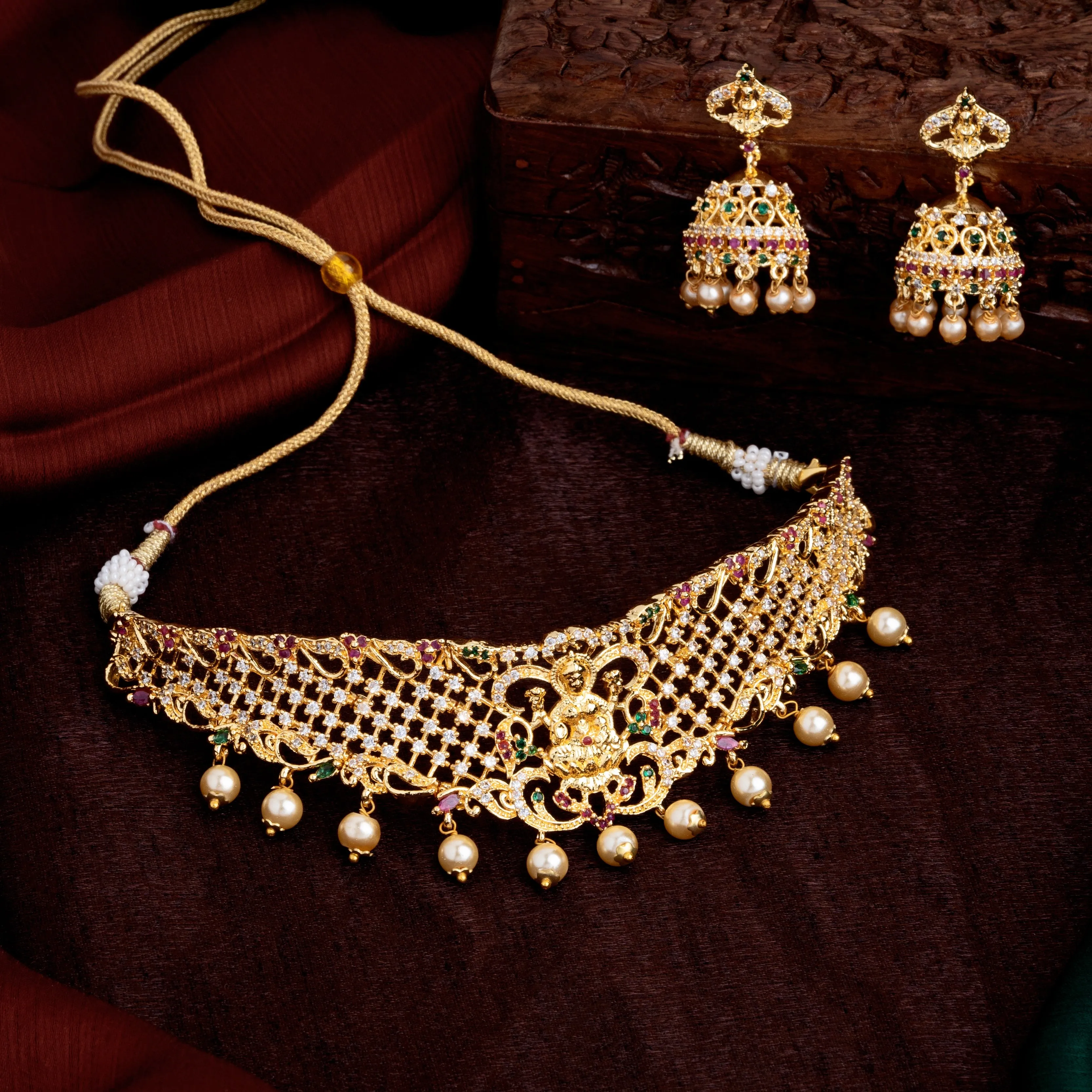 Estele Gold Plated CZ Divine Laxmi Ji Designer Bridal Necklace Set with Colored Stones & Pearls for Women