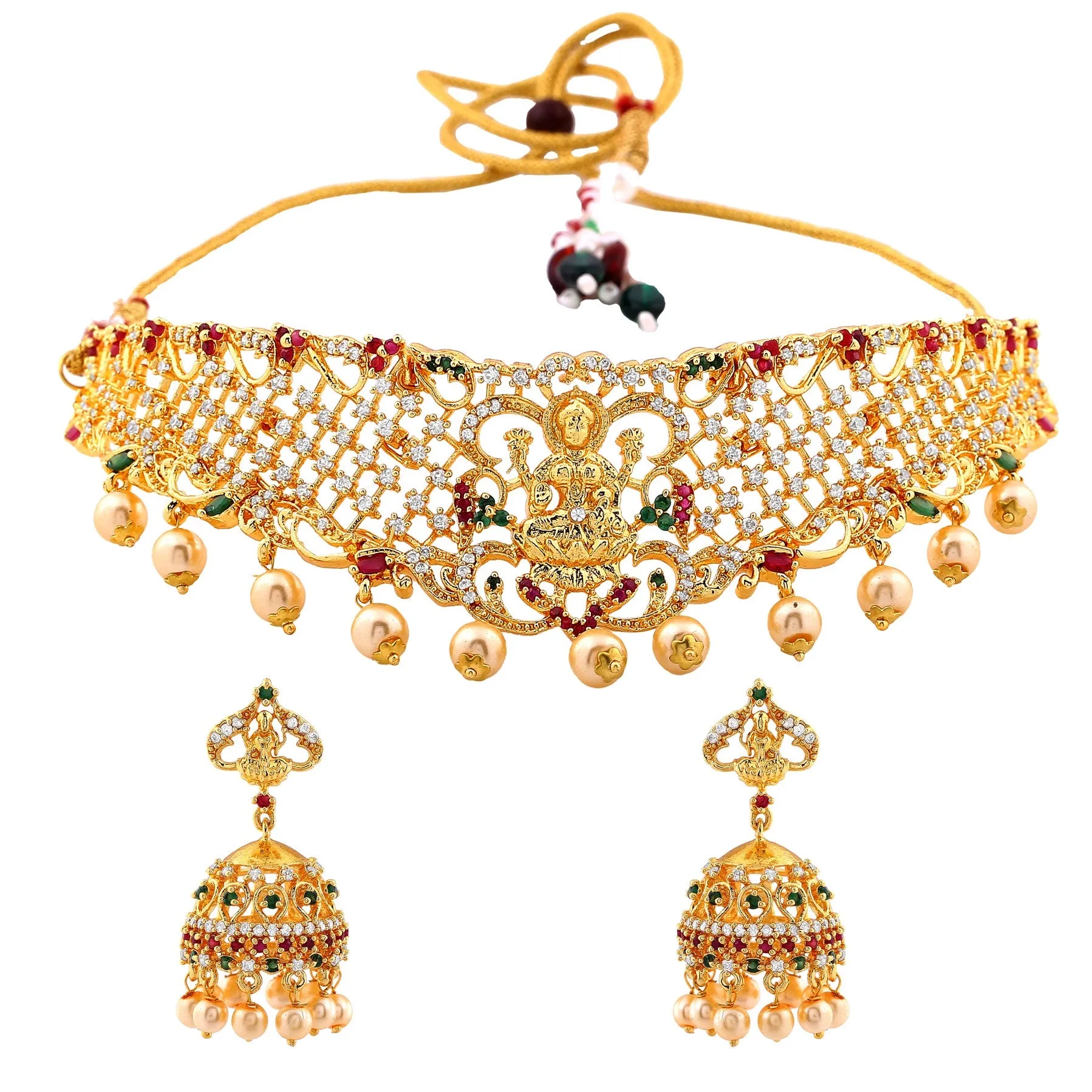 Estele Gold Plated CZ Divine Laxmi Ji Designer Bridal Necklace Set with Colored Stones & Pearls for Women
