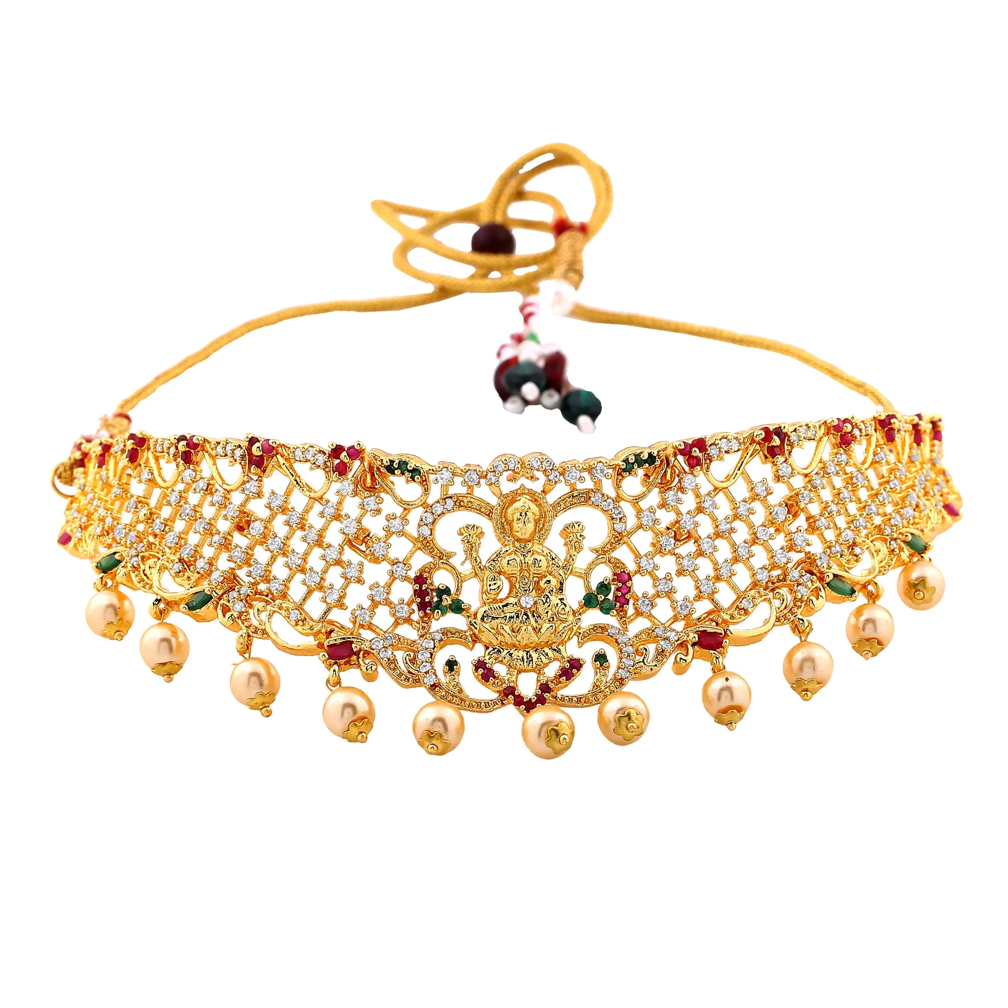 Estele Gold Plated CZ Divine Laxmi Ji Designer Bridal Necklace Set with Colored Stones & Pearls for Women