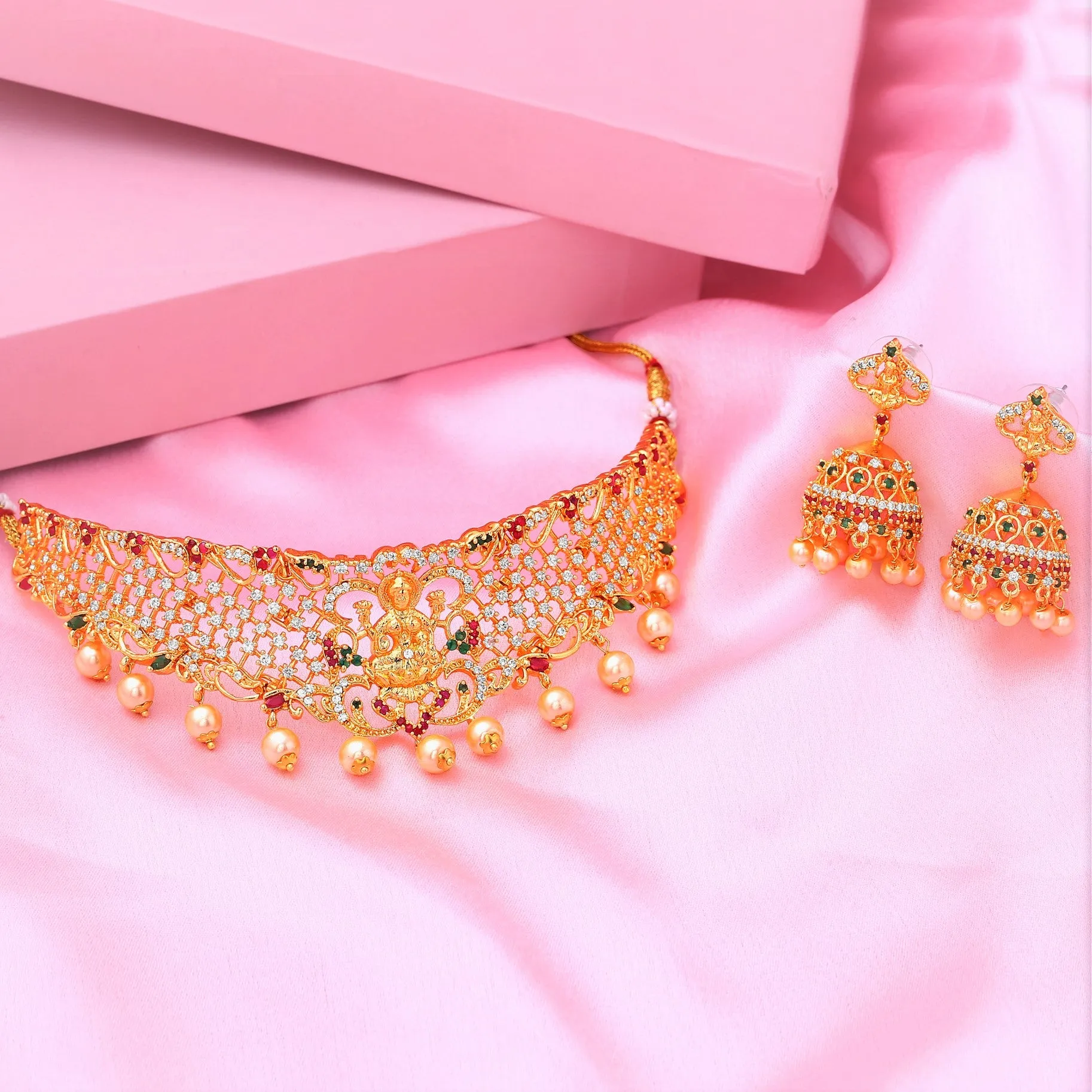 Estele Gold Plated CZ Divine Laxmi Ji Designer Bridal Necklace Set with Colored Stones & Pearls for Women