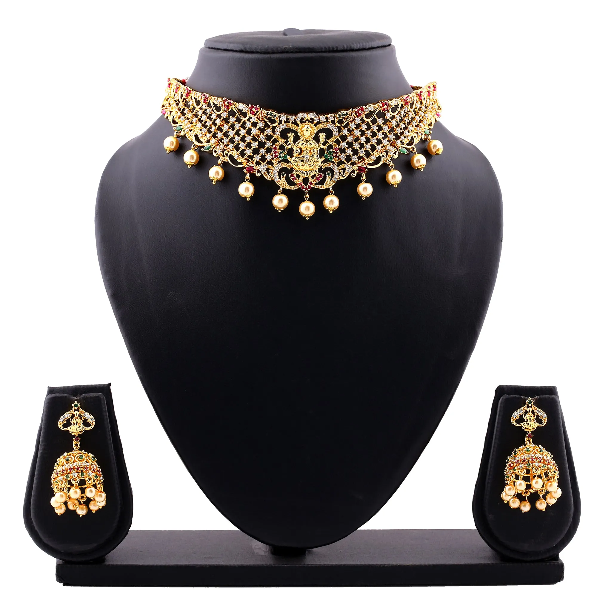 Estele Gold Plated CZ Divine Laxmi Ji Designer Bridal Necklace Set with Colored Stones & Pearls for Women