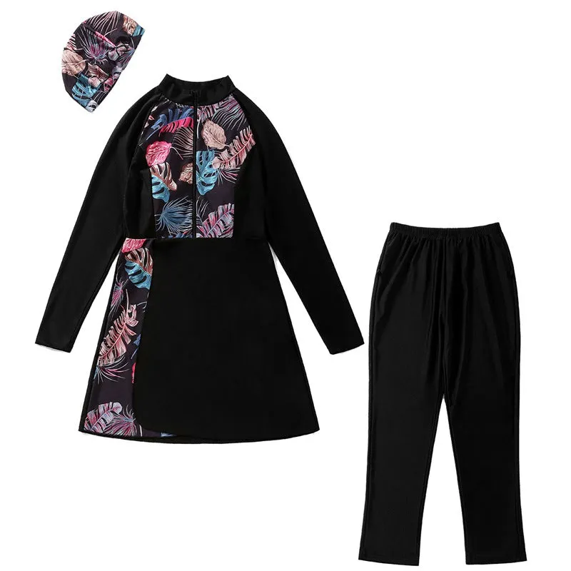 Floral Printed 3 Pieces Set Burkinis Conservative Swimwear Swimsuit