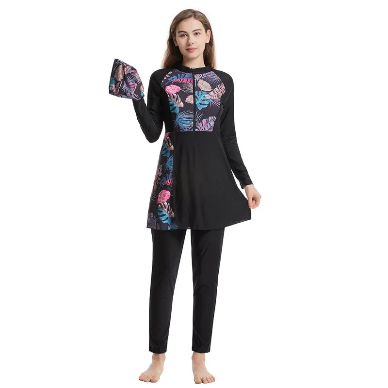 Floral Printed 3 Pieces Set Burkinis Conservative Swimwear Swimsuit