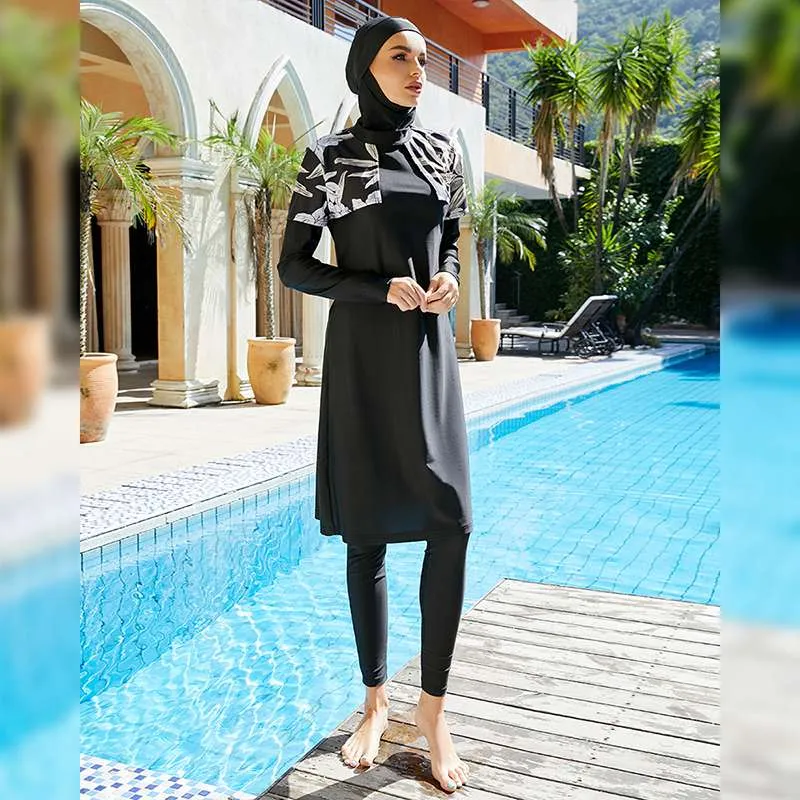 Floral Printed Muslim Women Swimsuit 3 Pieces Set Swimwear Burkinis