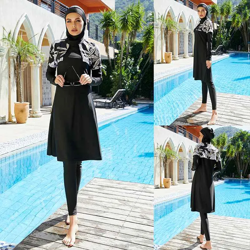 Floral Printed Muslim Women Swimsuit 3 Pieces Set Swimwear Burkinis