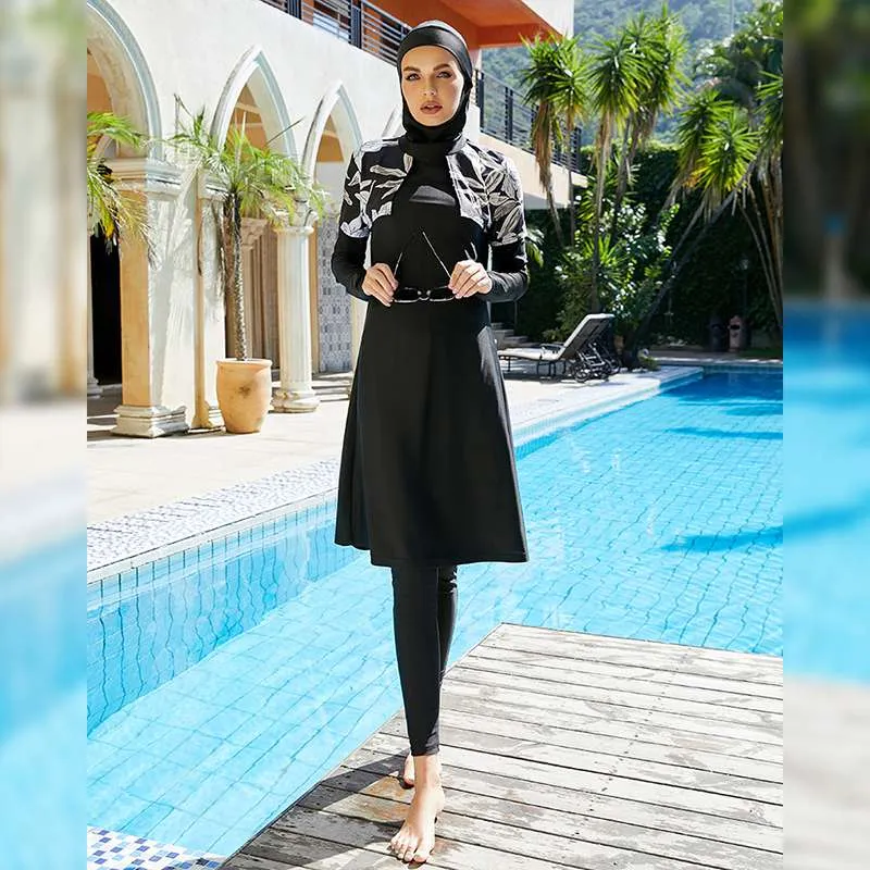 Floral Printed Muslim Women Swimsuit 3 Pieces Set Swimwear Burkinis