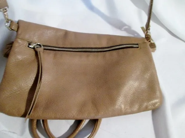 GG BOSS USA Buttery Soft Leather Shoulder Bag Foldover Tote TAUPE BROWN Stud