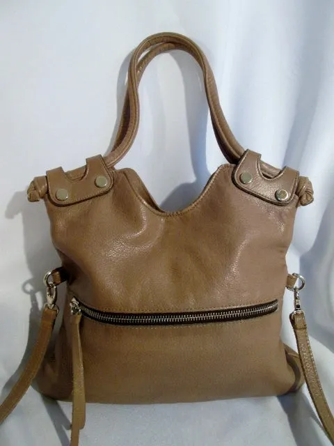 GG BOSS USA Buttery Soft Leather Shoulder Bag Foldover Tote TAUPE BROWN Stud