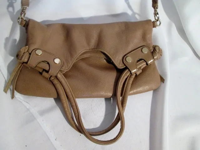 GG BOSS USA Buttery Soft Leather Shoulder Bag Foldover Tote TAUPE BROWN Stud